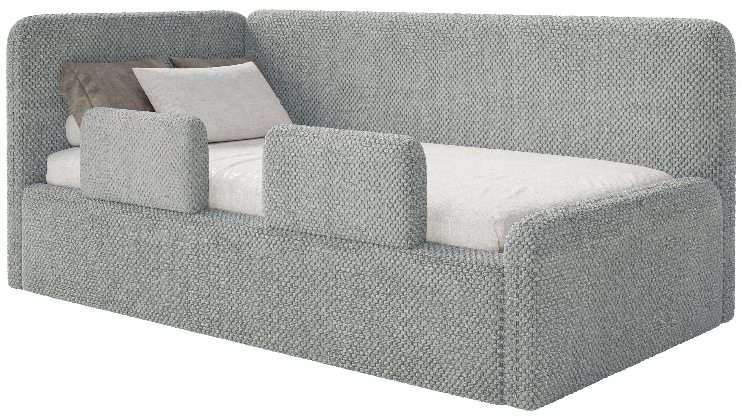 Jugendbett 90x200 cm Fanklo linksseitig mit Matratze, Stauraum und Geländern, grauer Plüsch, wasserabweisend