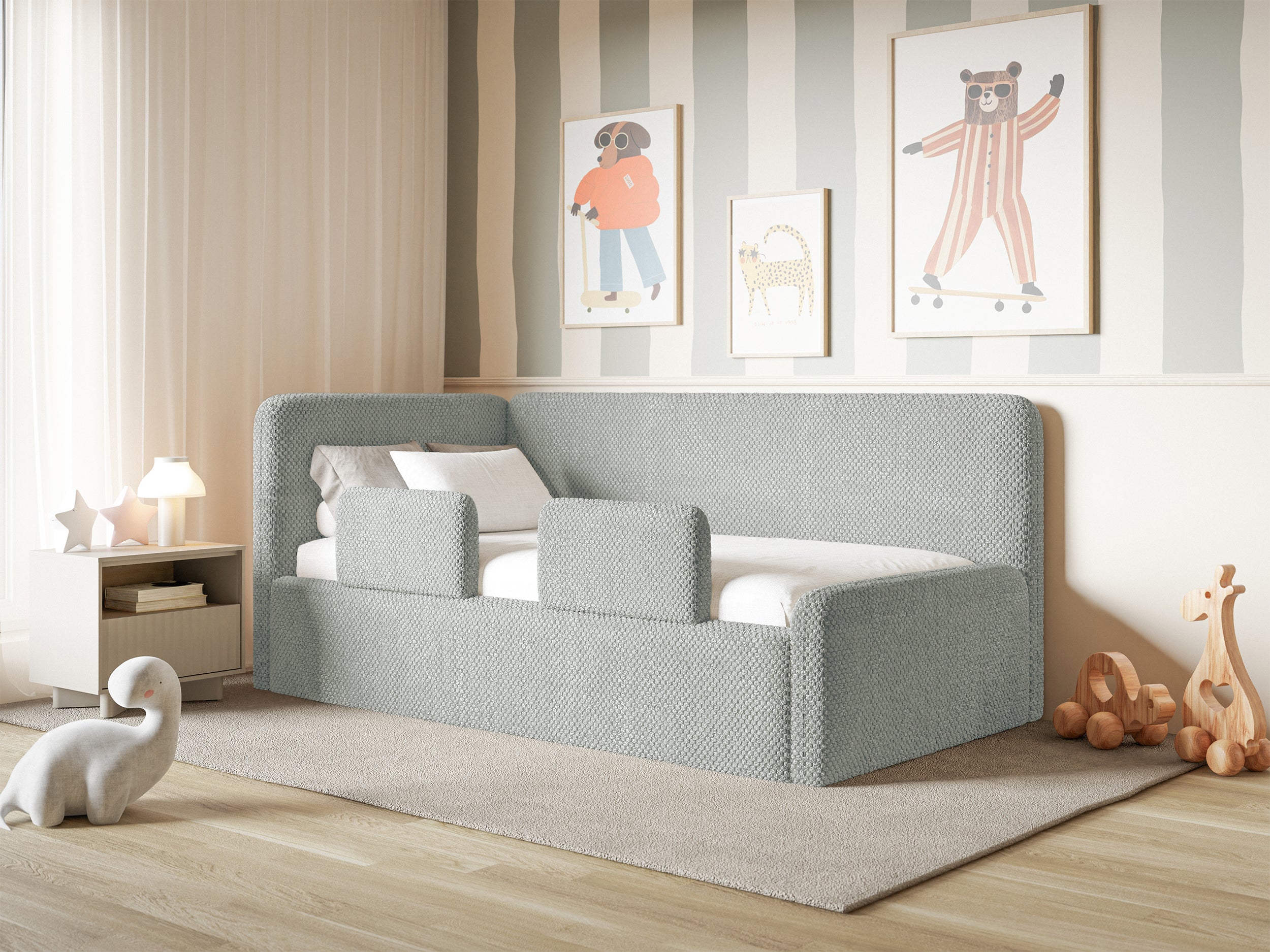Jugendbett 90x200 cm Fanklo linksseitig mit Matratze, Stauraum und Geländern, grauer Plüsch, wasserabweisend