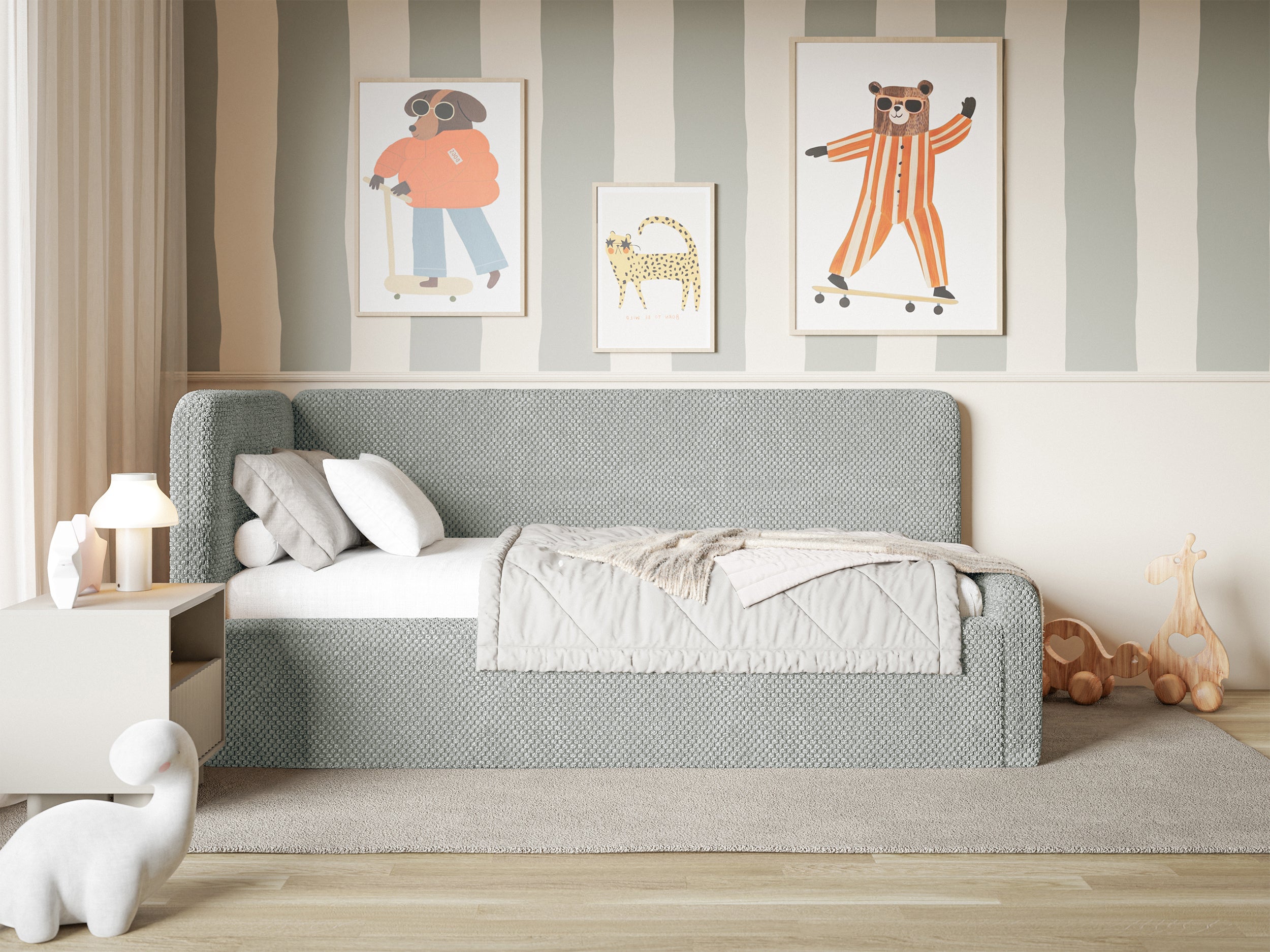 Jugendbett 90x200 cm Fanklo linksseitig mit Matratze und Aufbewahrungsbox, grauer wasserabweisender Plüsch