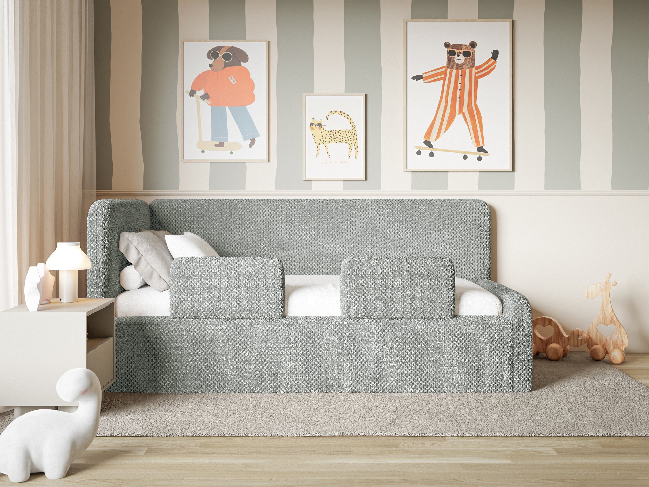 Jugendbett 90x200 cm Fanklo linksseitig mit Matratze, Stauraum und Geländern, grauer Plüsch, wasserabweisend