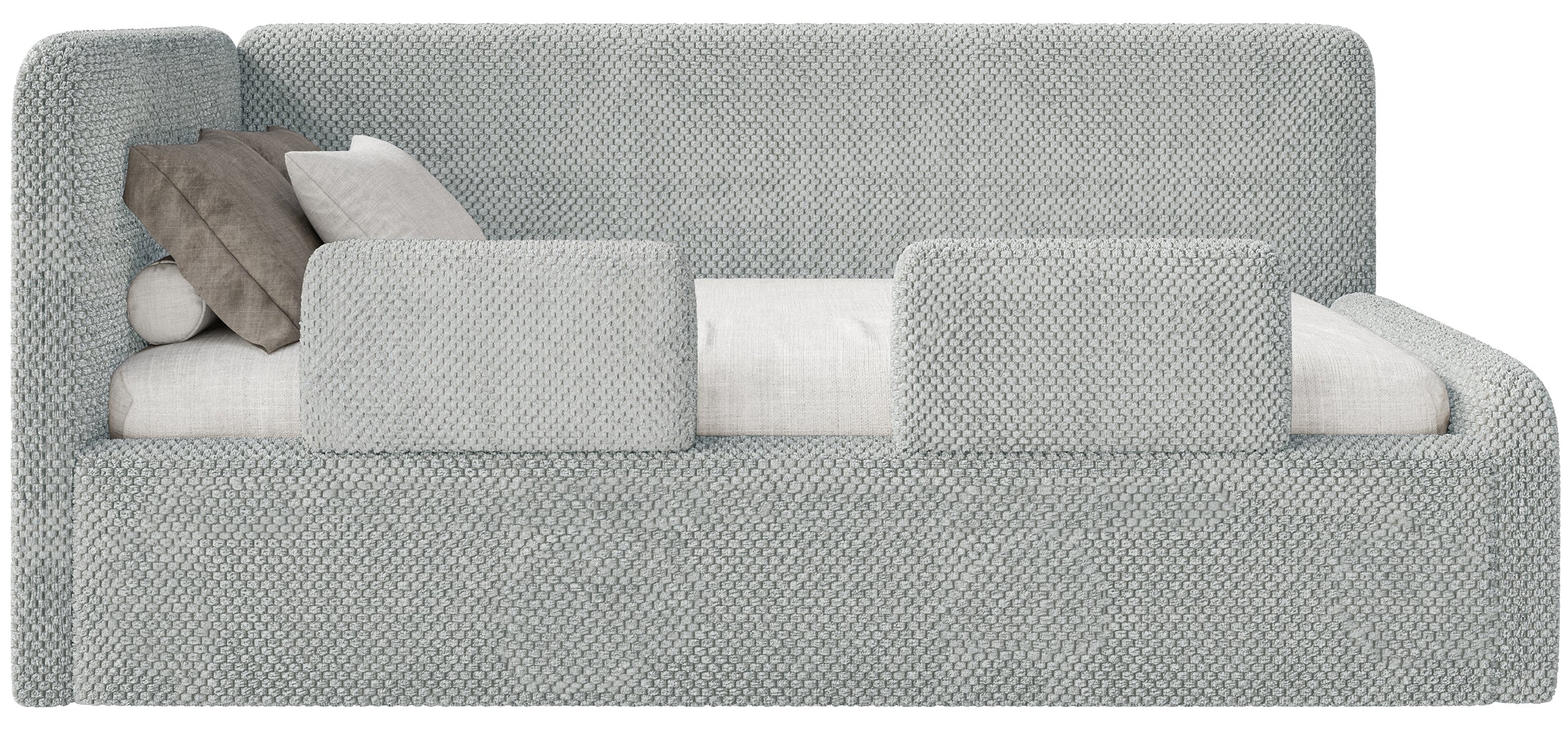 Jugendbett 90x200 cm Fanklo linksseitig mit Matratze, Stauraum und Geländern, grauer Plüsch, wasserabweisend