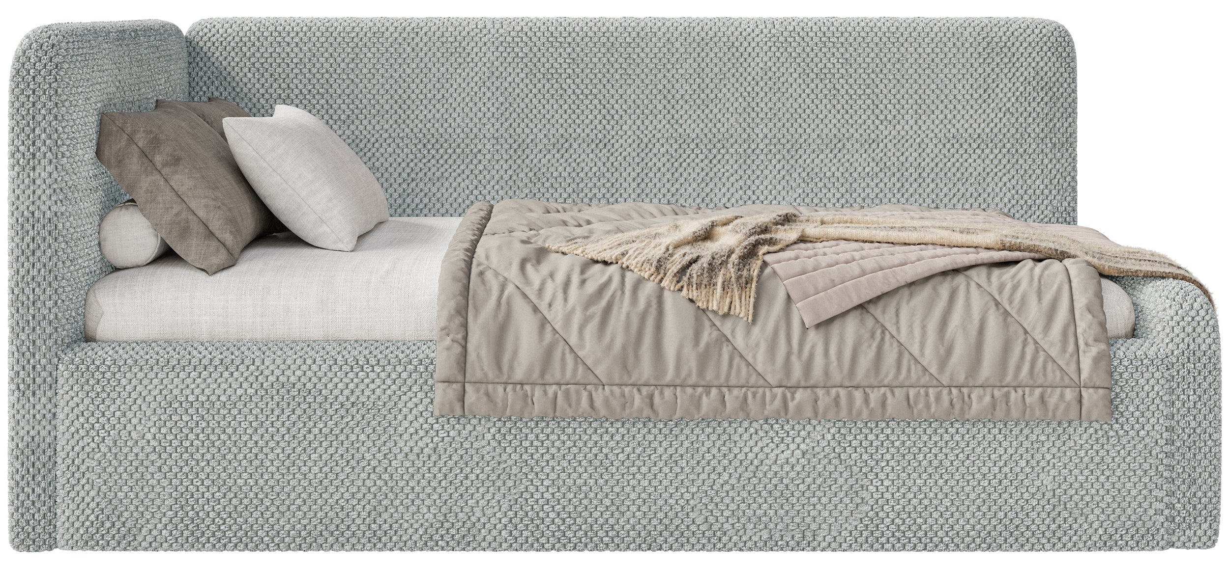 Jugendbett 90x200 cm Fanklo linksseitig mit Matratze und Aufbewahrungsbox, grauer wasserabweisender Plüsch