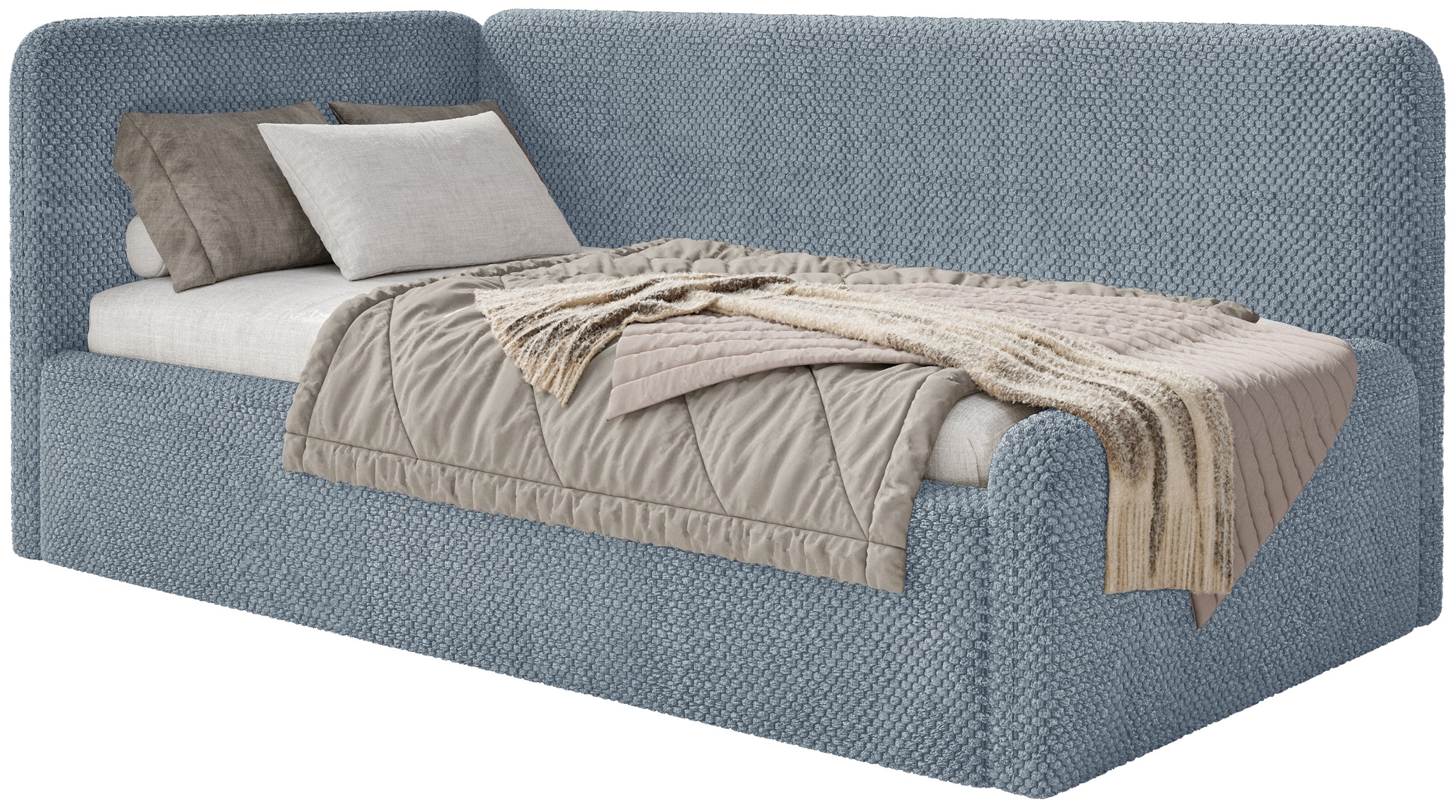 Jugendbett 90x200 cm Fanklo linksseitig mit Matratze, Stauraum und blauen Plüsch-Hydrophob-Gittern