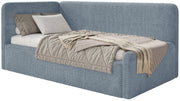 Jugendbett 120x200 cm Fanklo linksseitig mit Stauraum, blau, wasserabweisender Plüsch