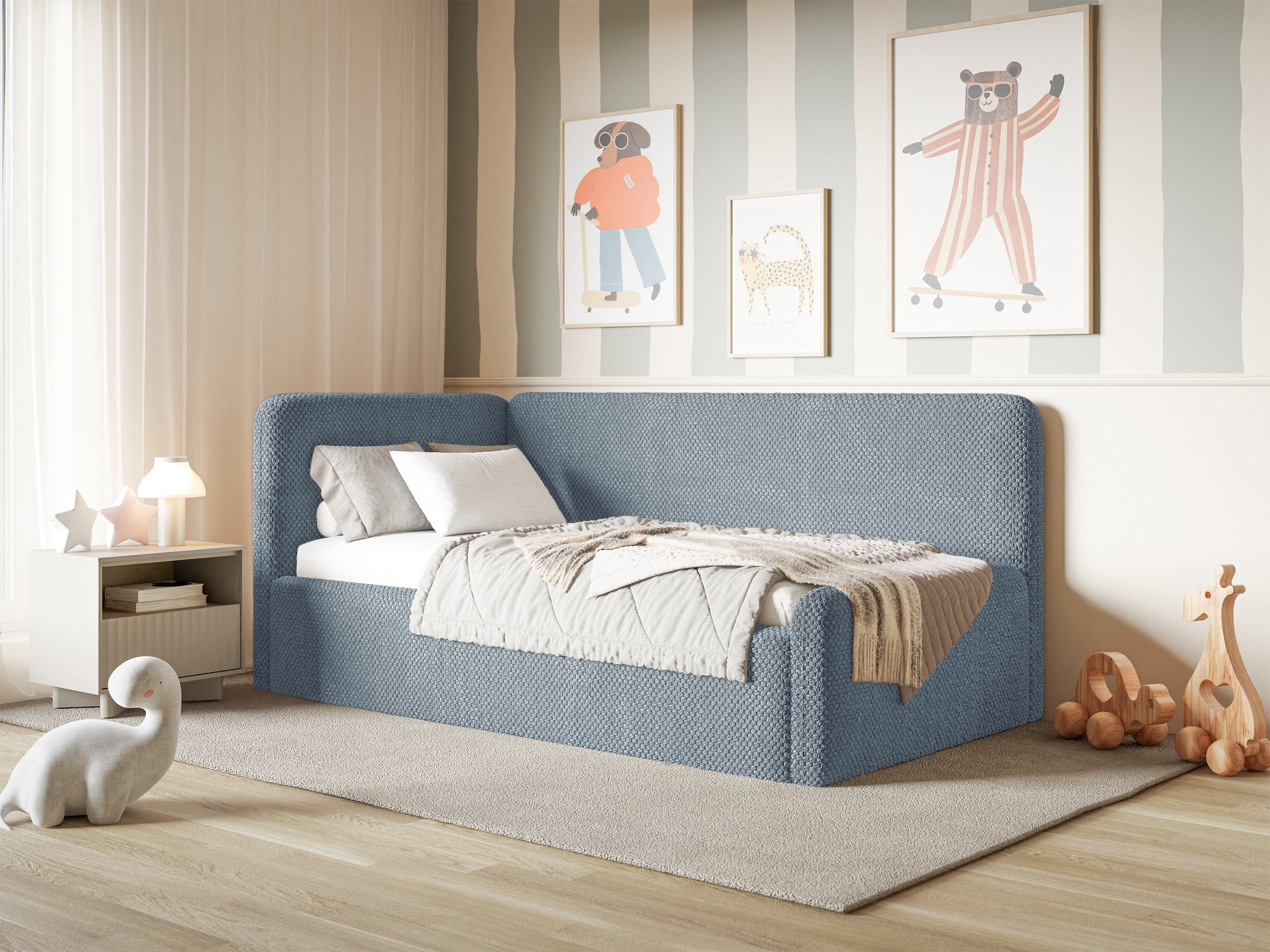 Jugendbett 120x200 cm Fanklo linksseitig mit Stauraum, blau, wasserabweisender Plüsch
