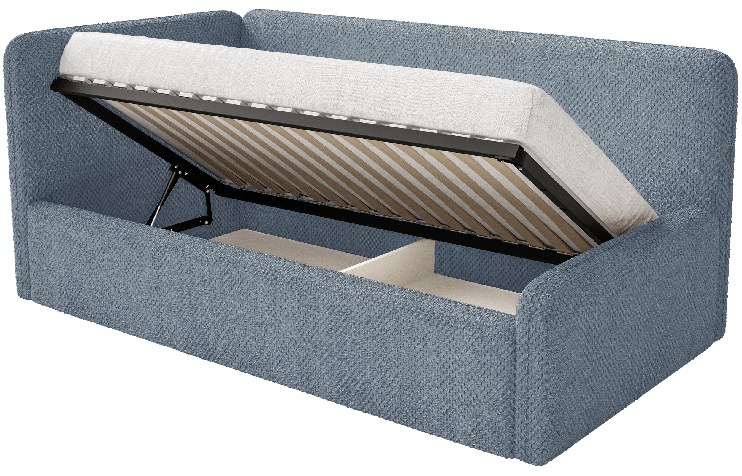 Jugendbett 90x200 cm Fanklo linksseitig mit Matratze, Stauraum und blauen Plüsch-Hydrophob-Gittern