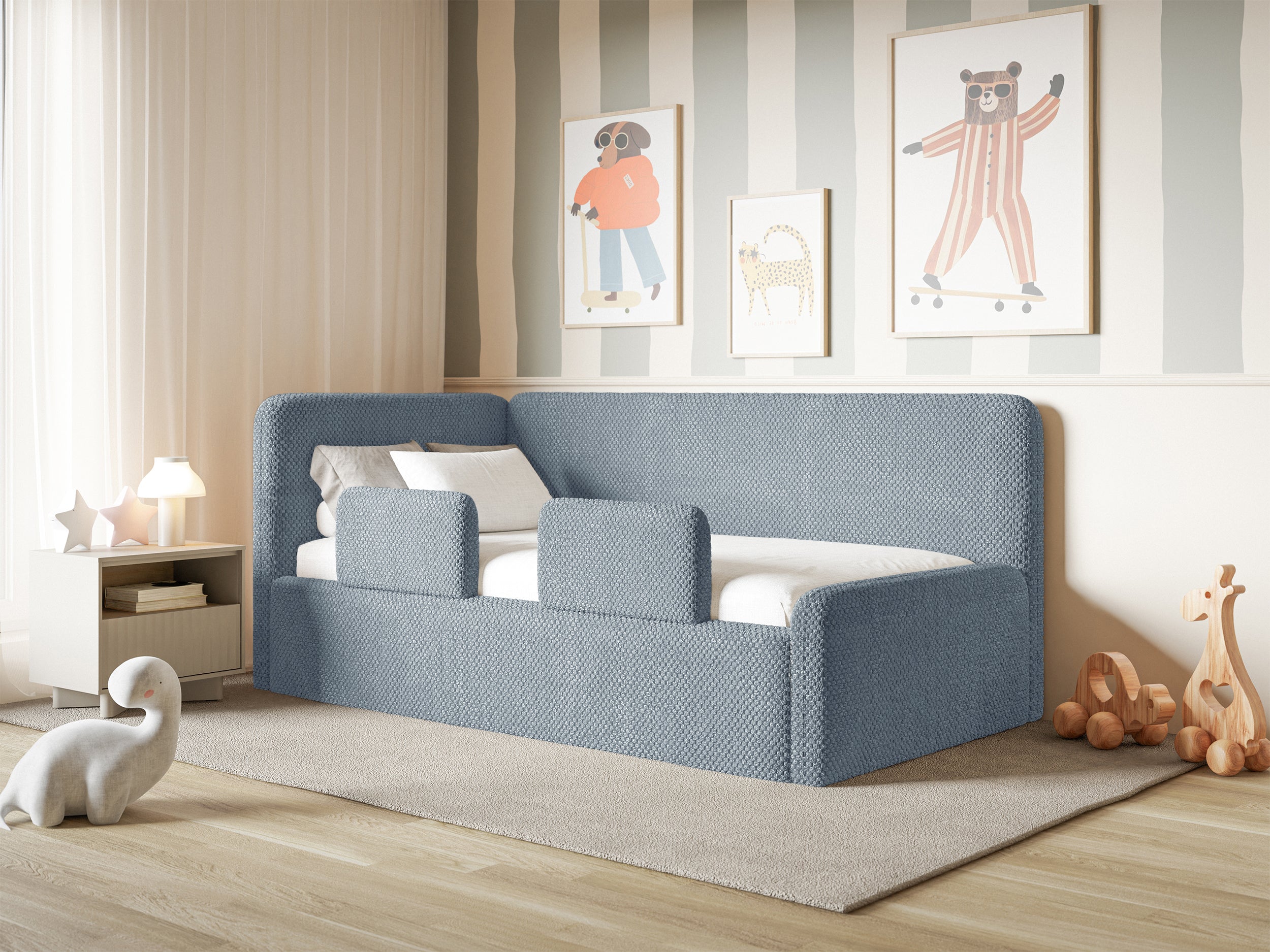 Jugendbett 90x200 cm Fanklo linksseitig mit Matratze, Stauraum und blauen Plüsch-Hydrophob-Gittern