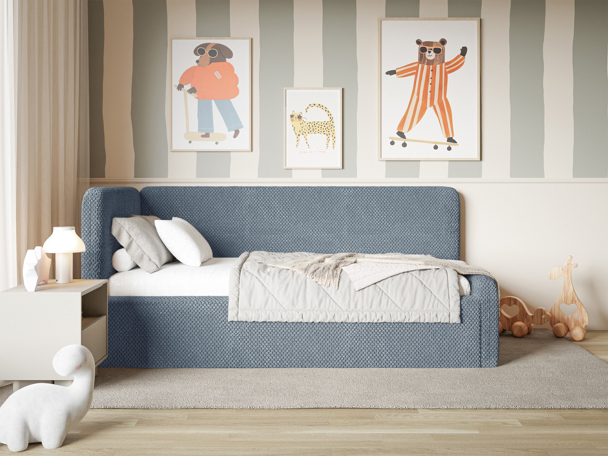 Jugendbett 90x200 cm Fanklo linksseitig mit Matratze, Stauraum und blauen Plüsch-Hydrophob-Gittern