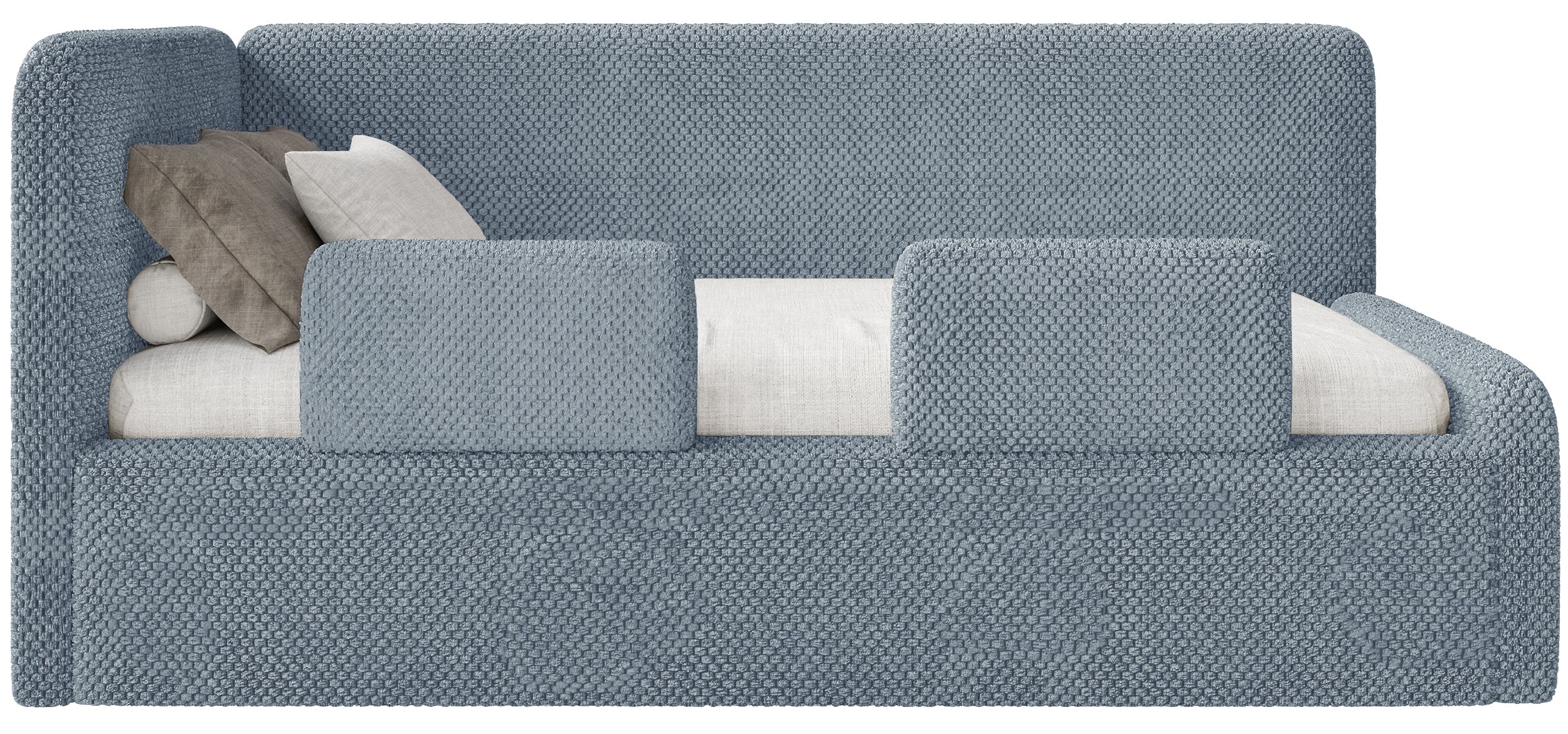 Jugendbett 90x200 cm Fanklo linksseitig mit Matratze, Stauraum und blauen Plüsch-Hydrophob-Gittern