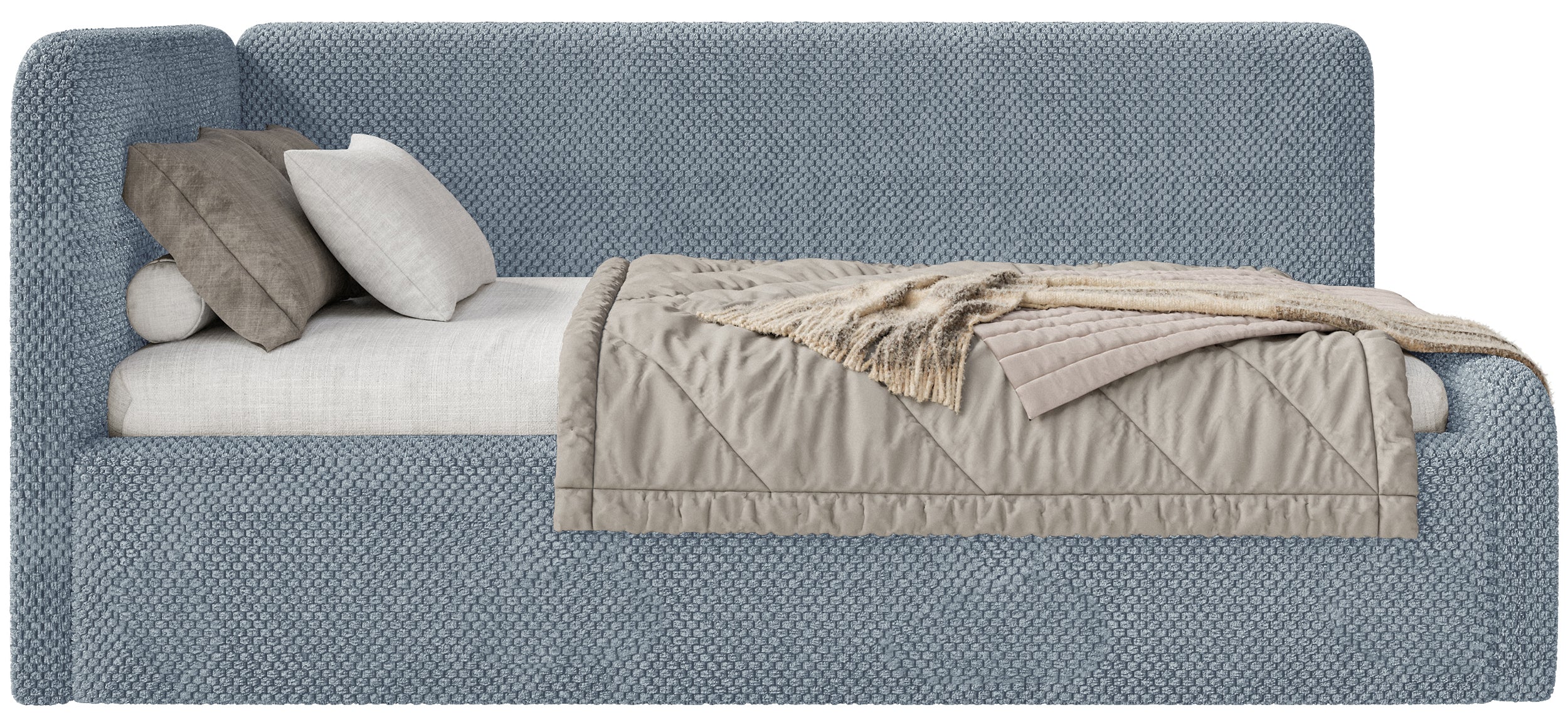 Jugendbett 120x200 cm Fanklo linksseitig mit Stauraum, blau, wasserabweisender Plüsch