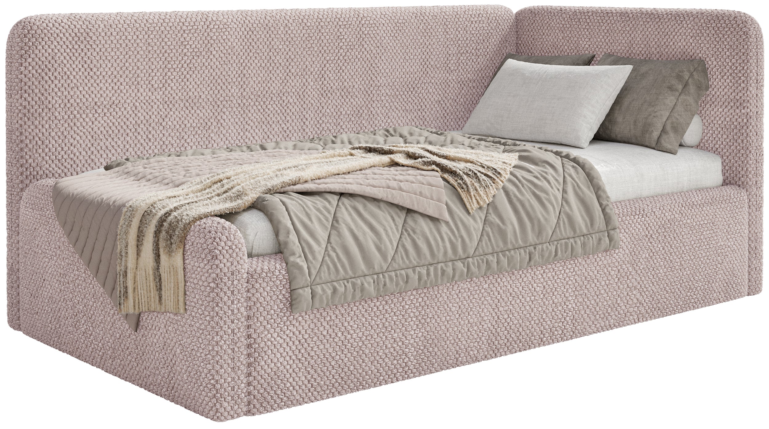 Jugendbett 90x200 cm Fanklo rechtsseitig mit Matratze und Stauraum, puderrosa Plüsch, wasserabweisend