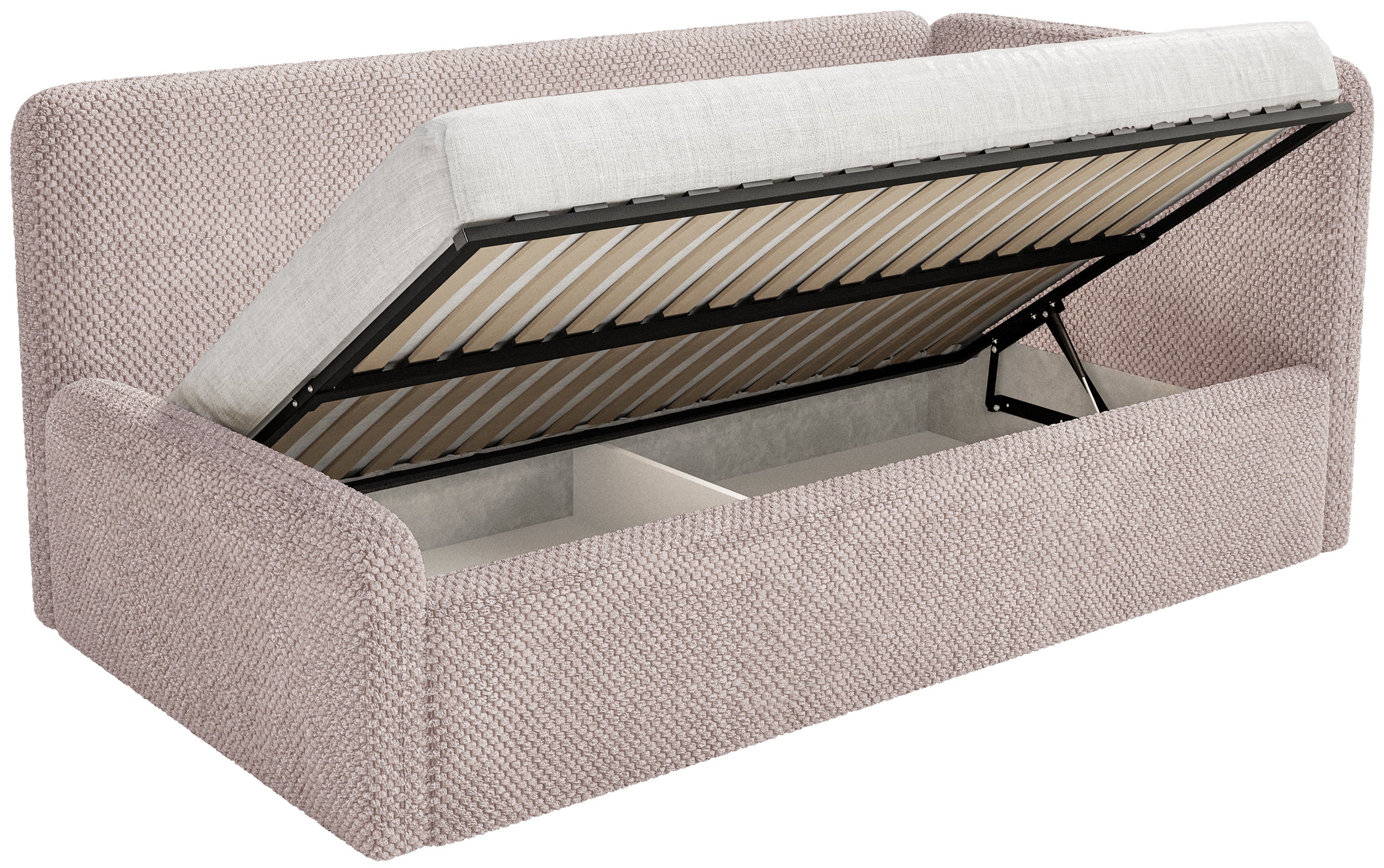 Jugendbett 120x200 cm Fanklo rechtsseitig mit Matratze und Stauraum, puderrosa Plüsch, wasserabweisend
