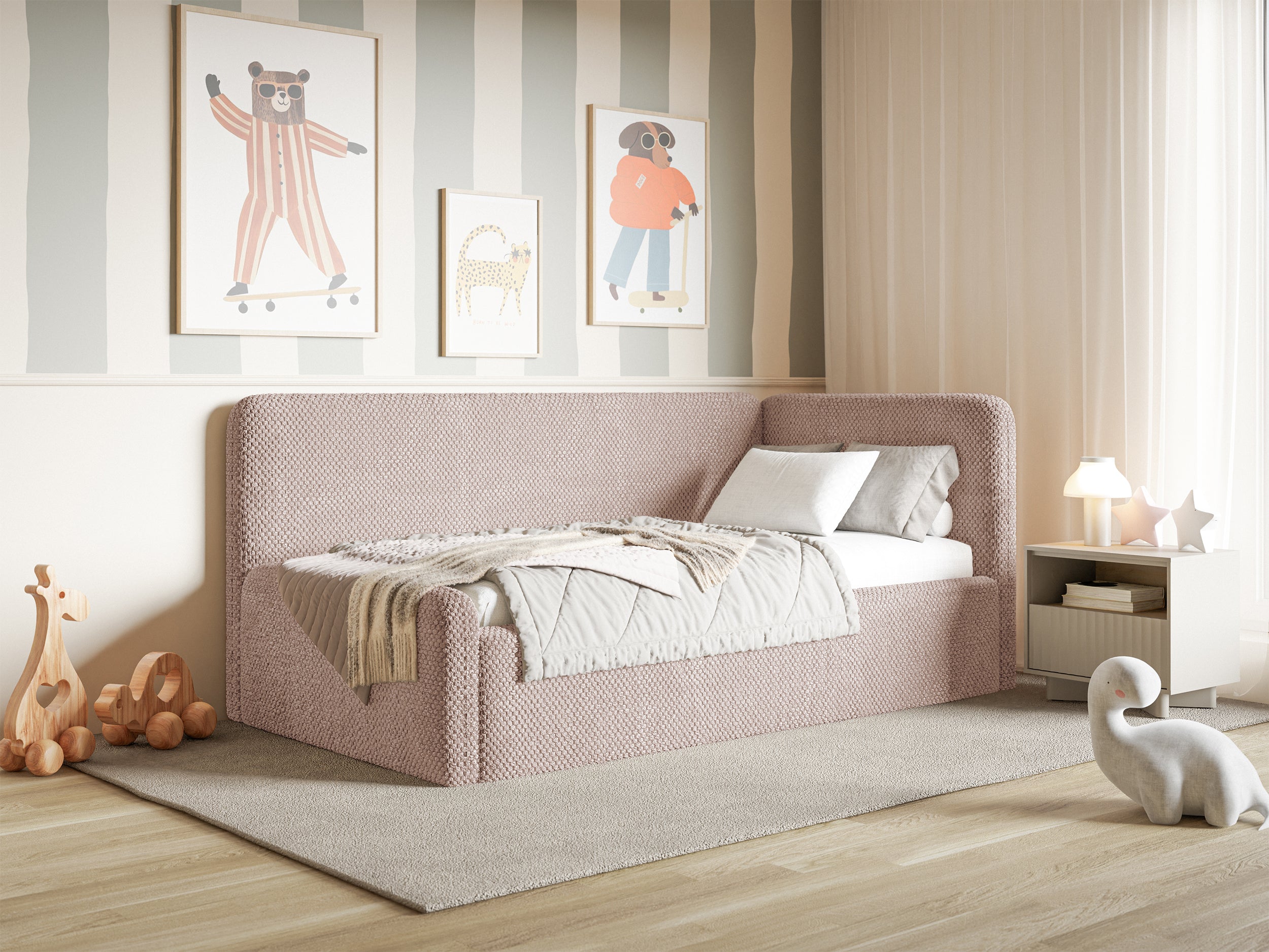 Jugendbett 120x200 cm Fanklo rechtsseitig mit Matratze und Stauraum, puderrosa Plüsch, wasserabweisend