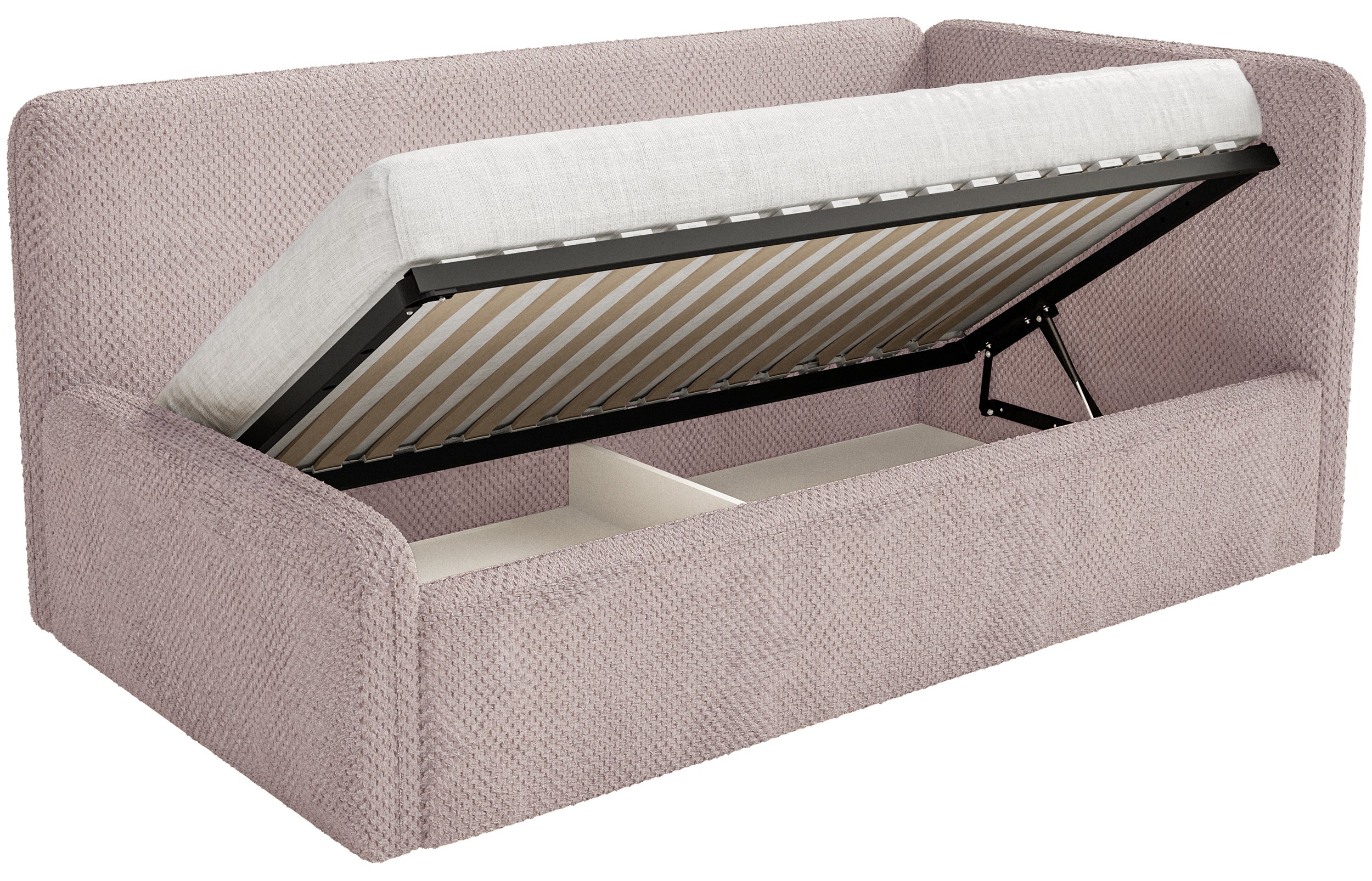 Jugendbett 90x200 cm Fanklo rechtsseitig mit Matratze und Stauraum, puderrosa Plüsch, wasserabweisend
