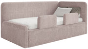 Jugendbett 90x200 cm Fanklo rechtsseitig mit Stauraum und Geländern, puderrosa Plüsch, wasserabweisend