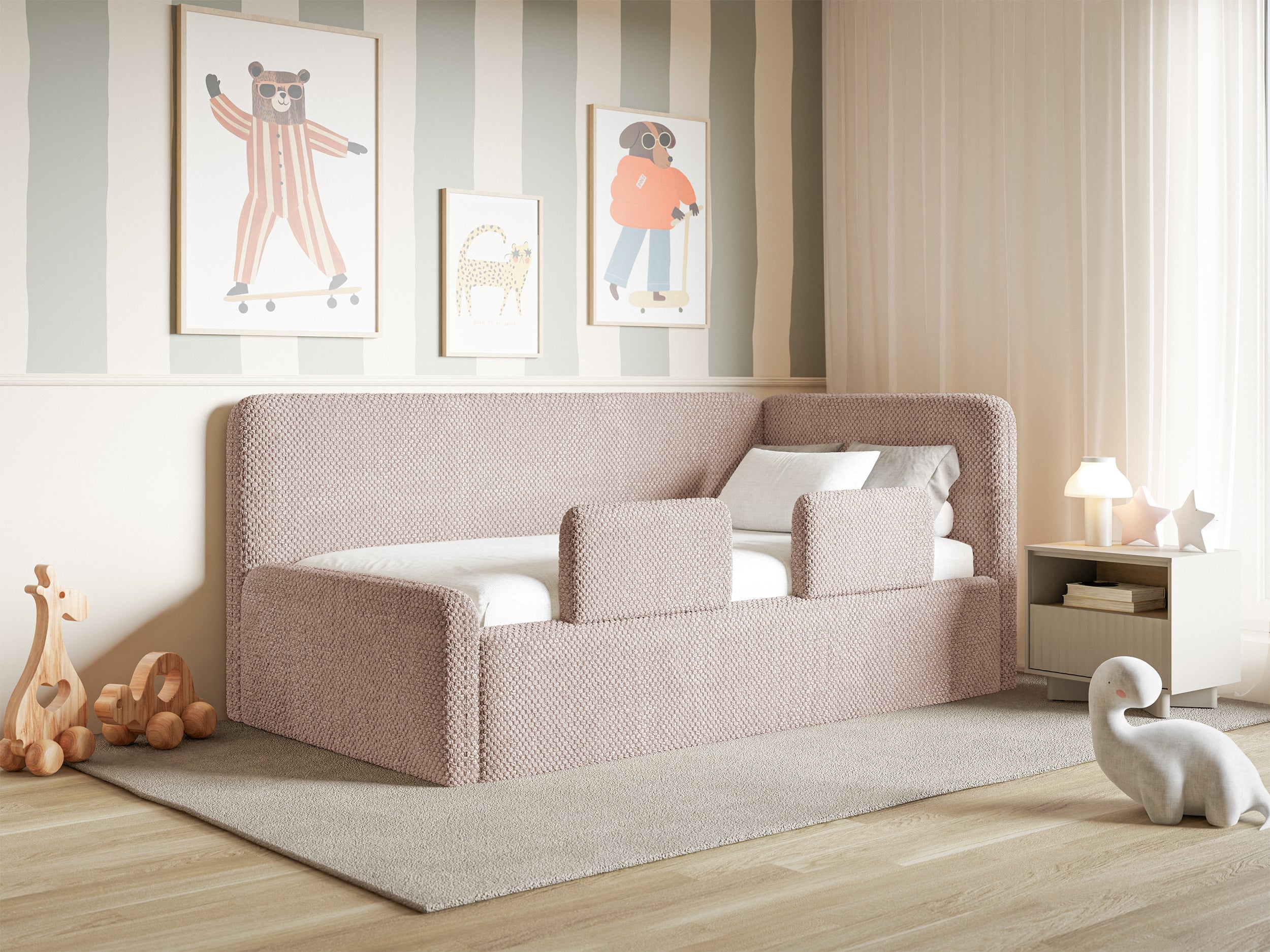 Jugendbett 120x200 cm Fanklo rechtsseitig mit Stauraum und Geländern, puderrosa Plüsch, hydrophob