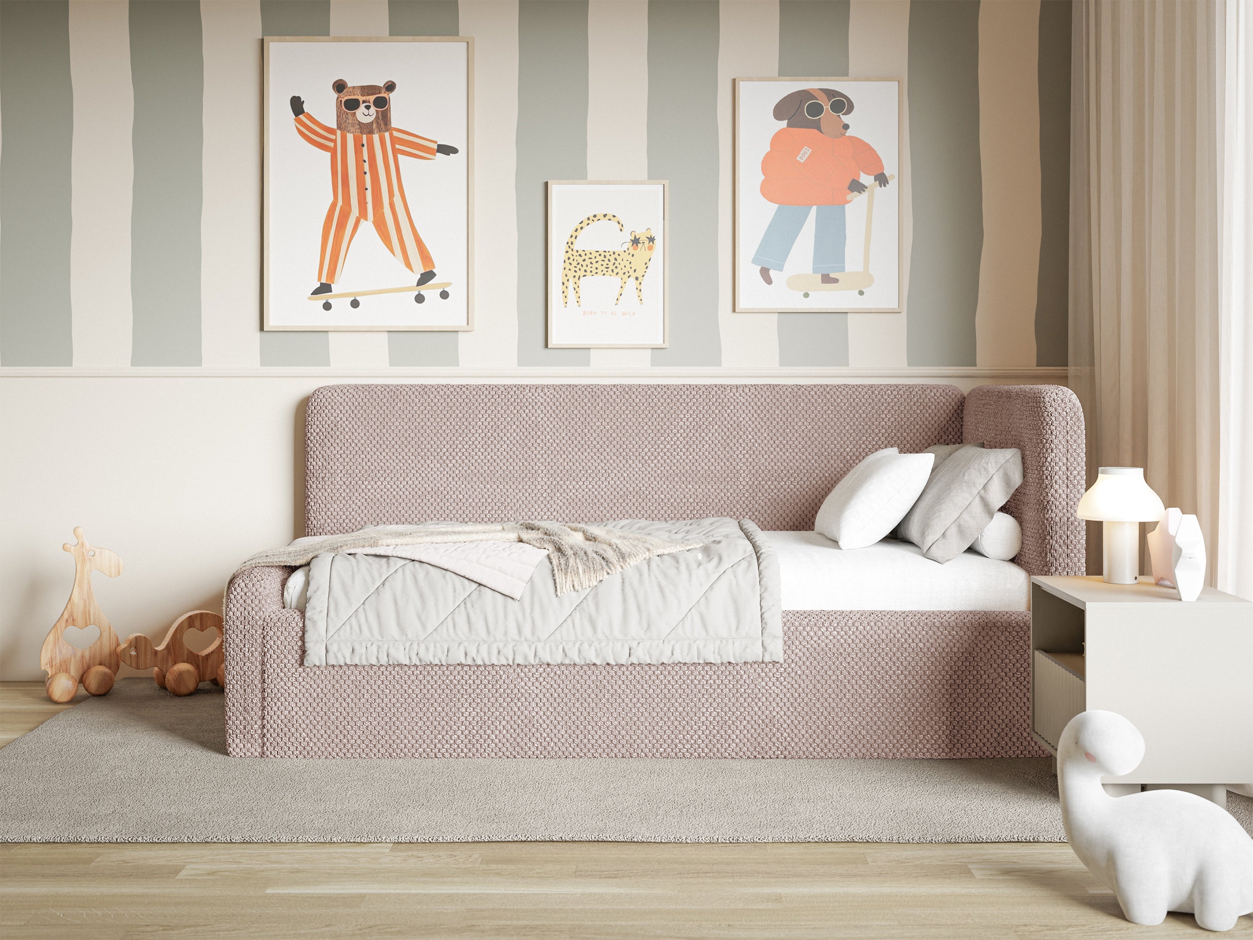 Jugendbett 120x200 cm Fanklo rechtsseitig mit Matratze und Stauraum, puderrosa Plüsch, wasserabweisend