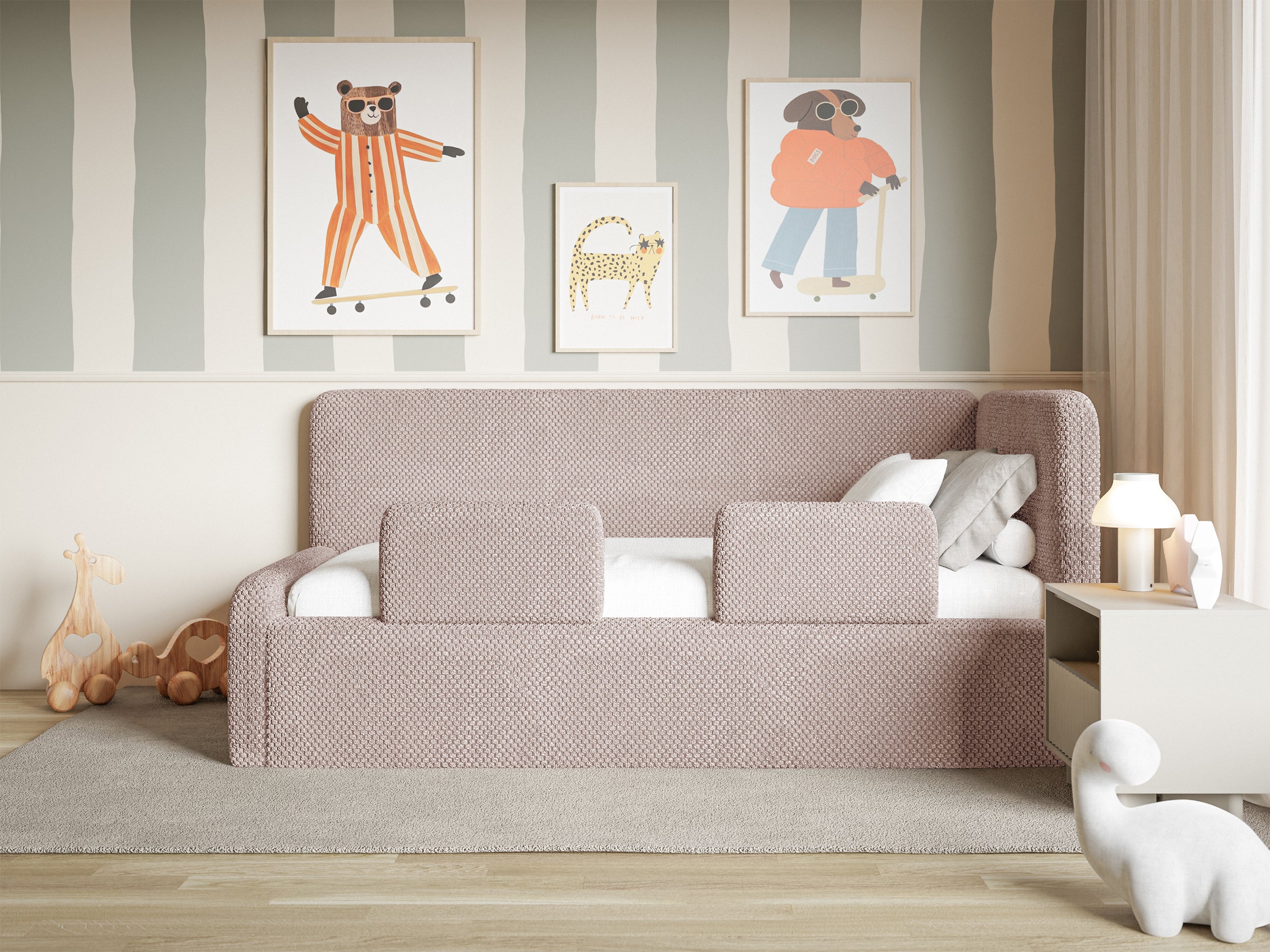 Jugendbett 120x200 cm Fanklo rechtsseitig mit Stauraum und Geländern, puderrosa Plüsch, hydrophob