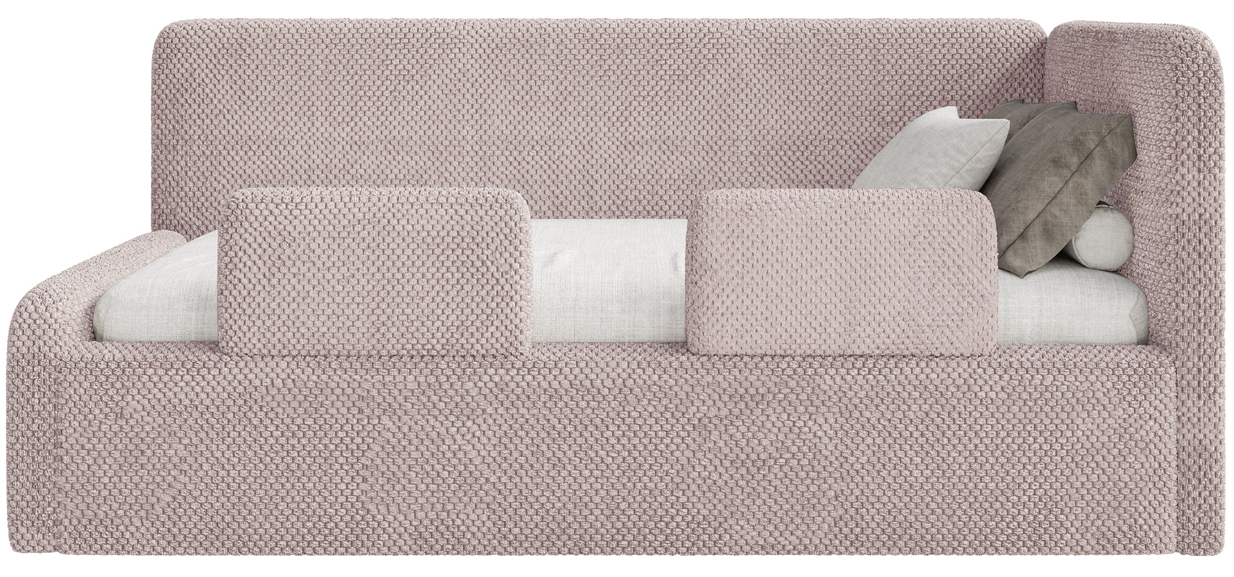 Jugendbett 90x200 cm Fanklo rechtsseitig mit Stauraum und Geländern, puderrosa Plüsch, wasserabweisend