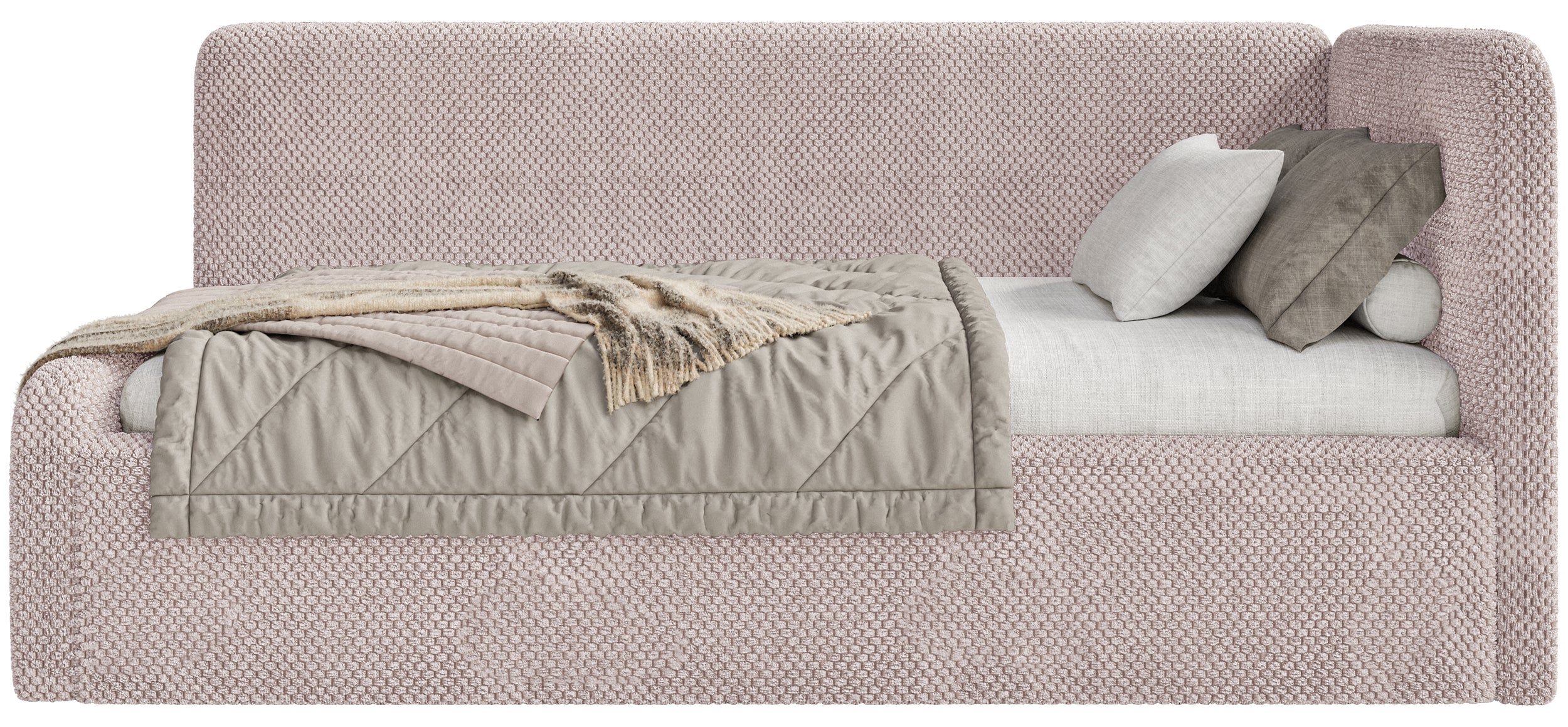 Jugendbett 90x200 cm Fanklo rechtsseitig mit Matratze und Stauraum, puderrosa Plüsch, wasserabweisend