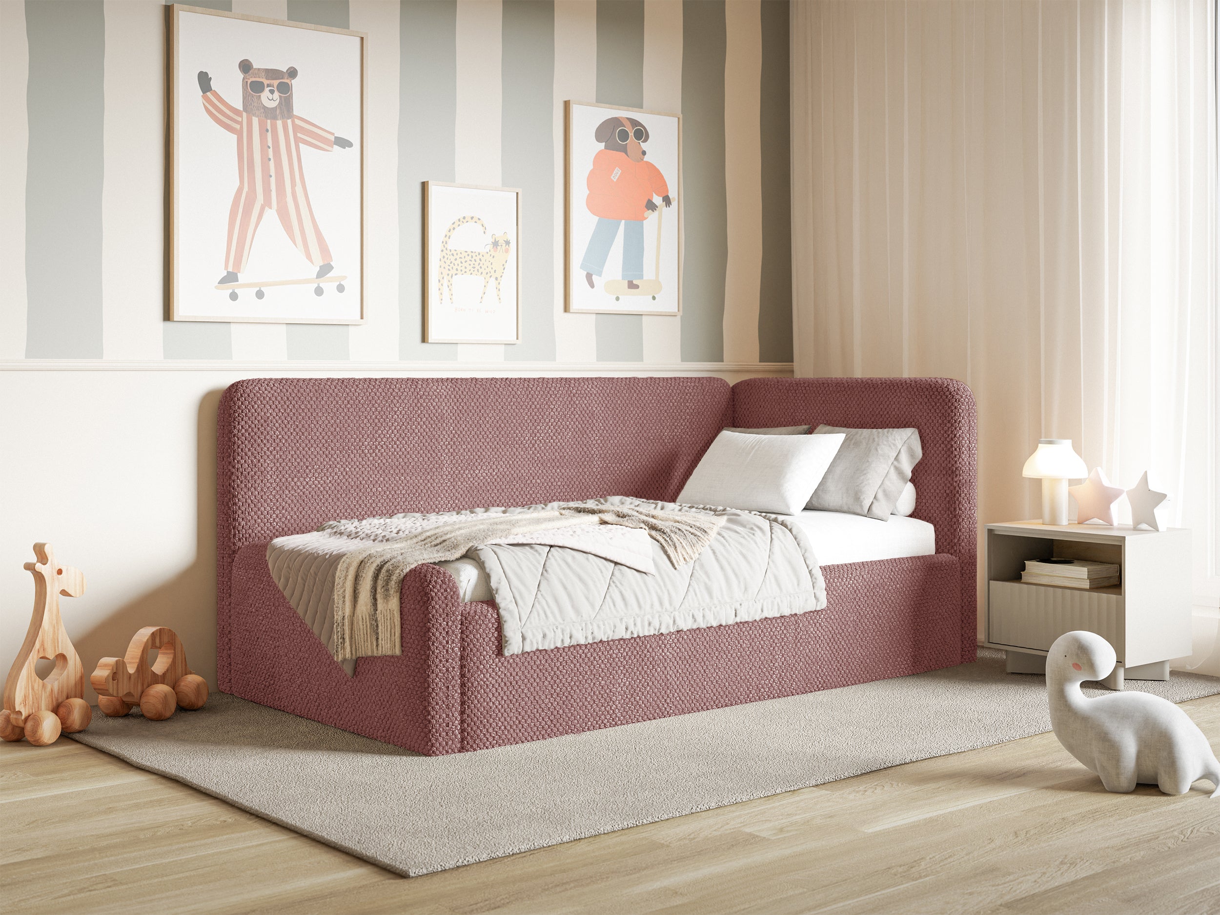 Jugendbett 120x200 cm Fanklo rechtsseitig mit Stauraum, rosa Plüsch, hydrophob