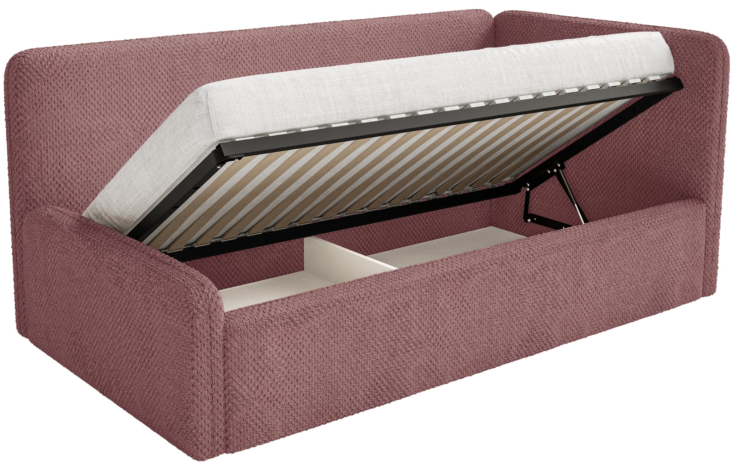 Jugendbett 90x200 cm Fanklo rechtsseitig mit Stauraum, rosa Plüsch, wasserabweisend