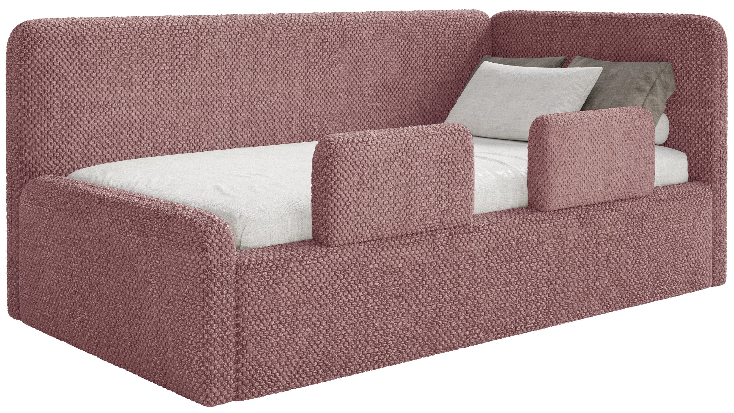 Jugendbett 90x200 cm Fanklo rechtsseitig mit Stauraum und Geländern, rosa Plüsch, wasserabweisend