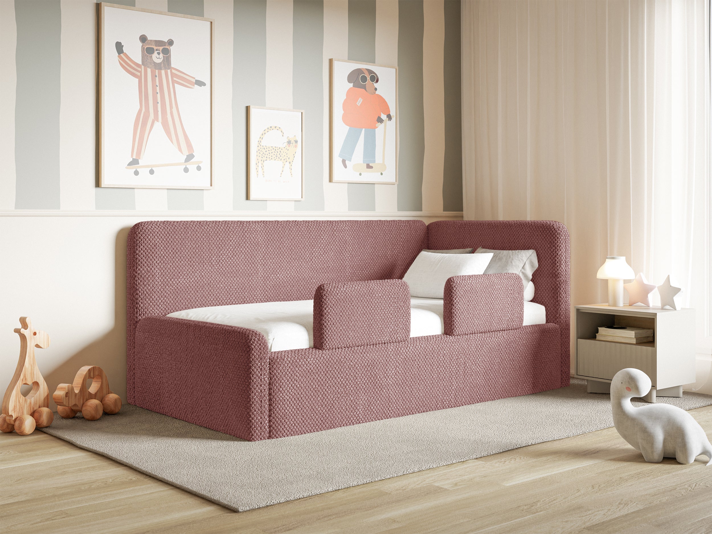 Jugendbett 120x200 cm Fanklo rechtsseitig mit Stauraum und Geländern, rosa Plüsch, wasserabweisend