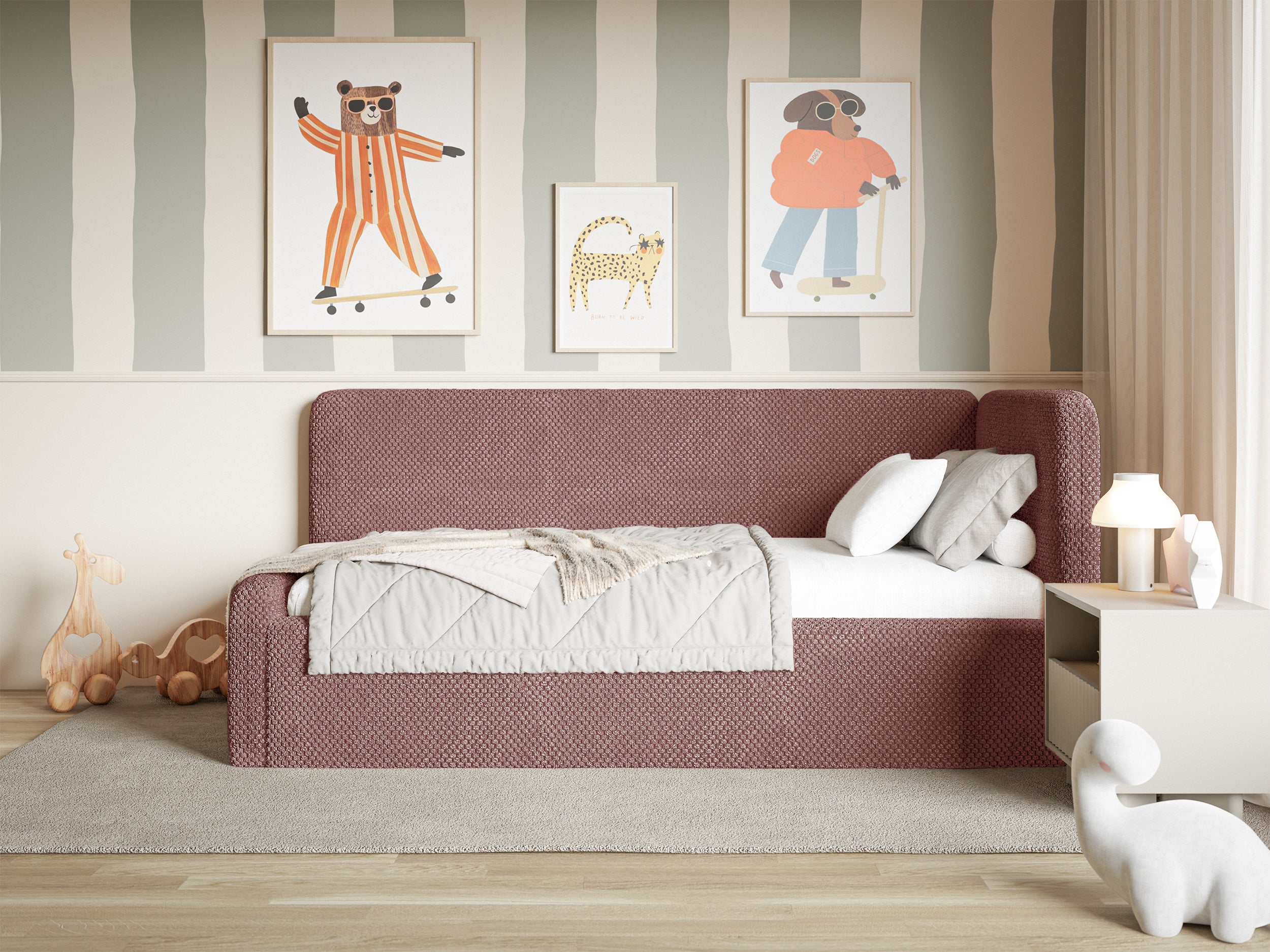 Jugendbett 120x200 cm Fanklo rechtsseitig mit Stauraum, rosa Plüsch, hydrophob