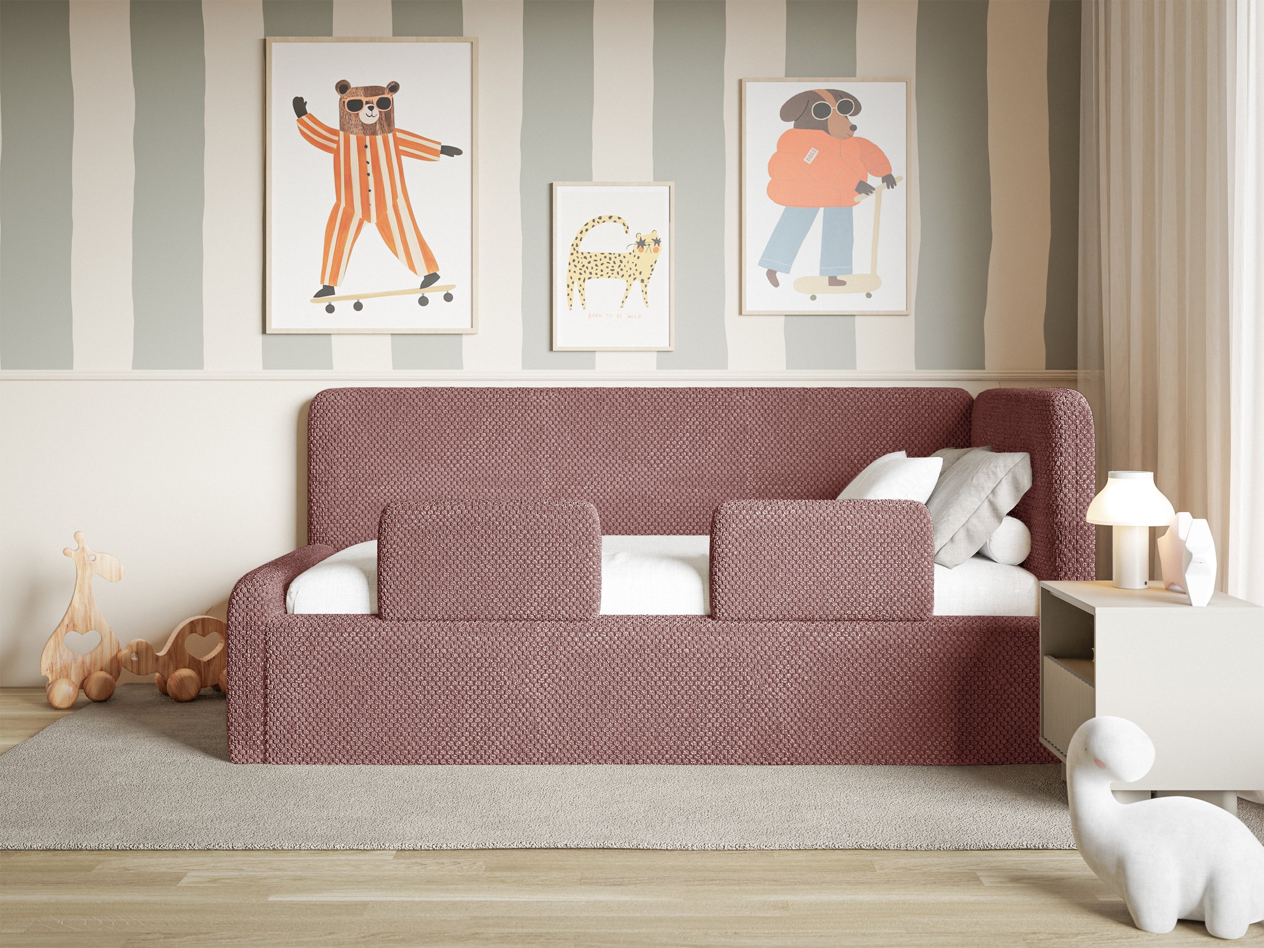Jugendbett 90x200 cm Fanklo rechtsseitig mit Stauraum und Geländern, rosa Plüsch, wasserabweisend