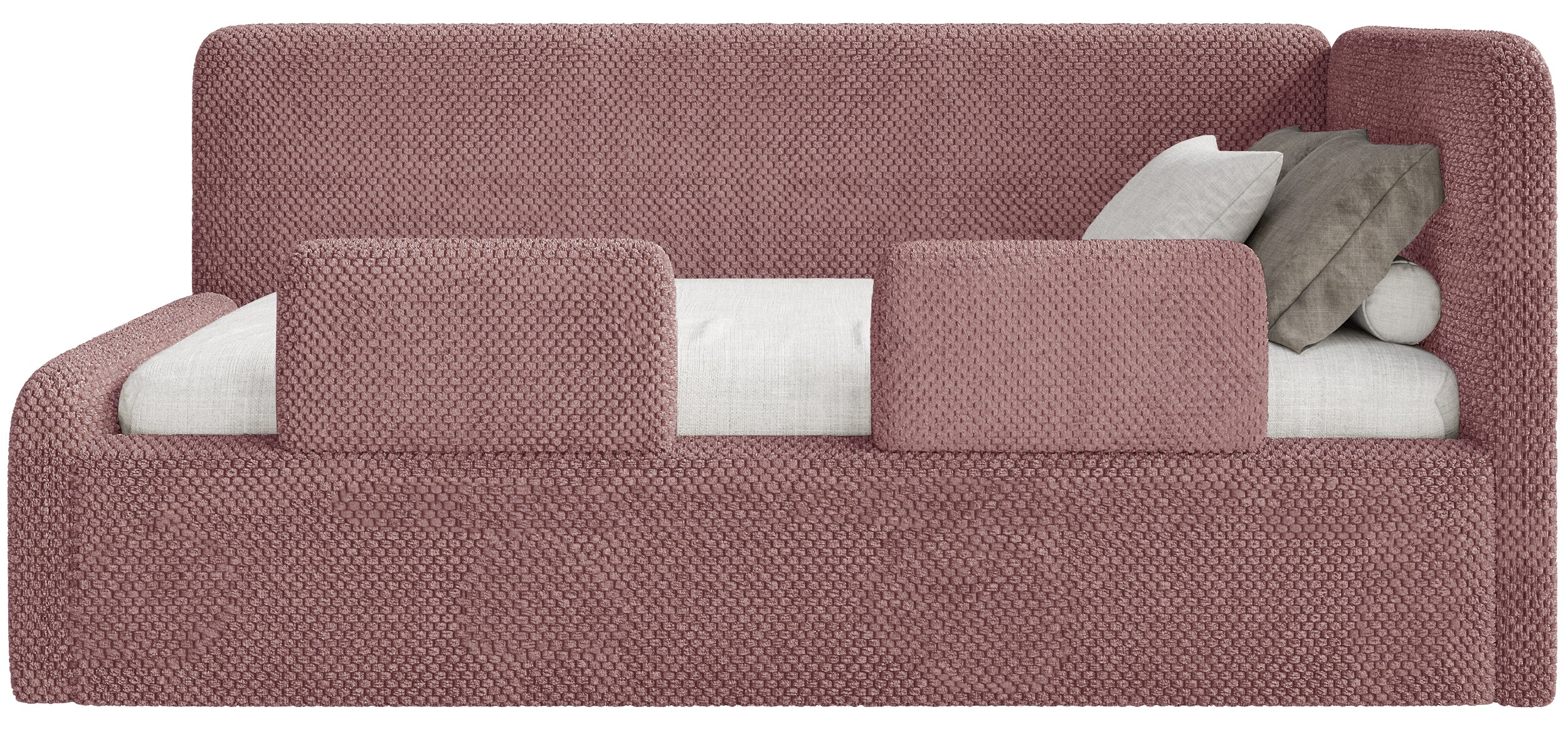 Jugendbett 120x200 cm Fanklo rechtsseitig mit Stauraum und Geländern, rosa Plüsch, wasserabweisend