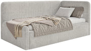 Jugendbett 90x200 cm Fanklo rechtsseitig mit Stauraum, grau-beiger hydrophober Plüsch