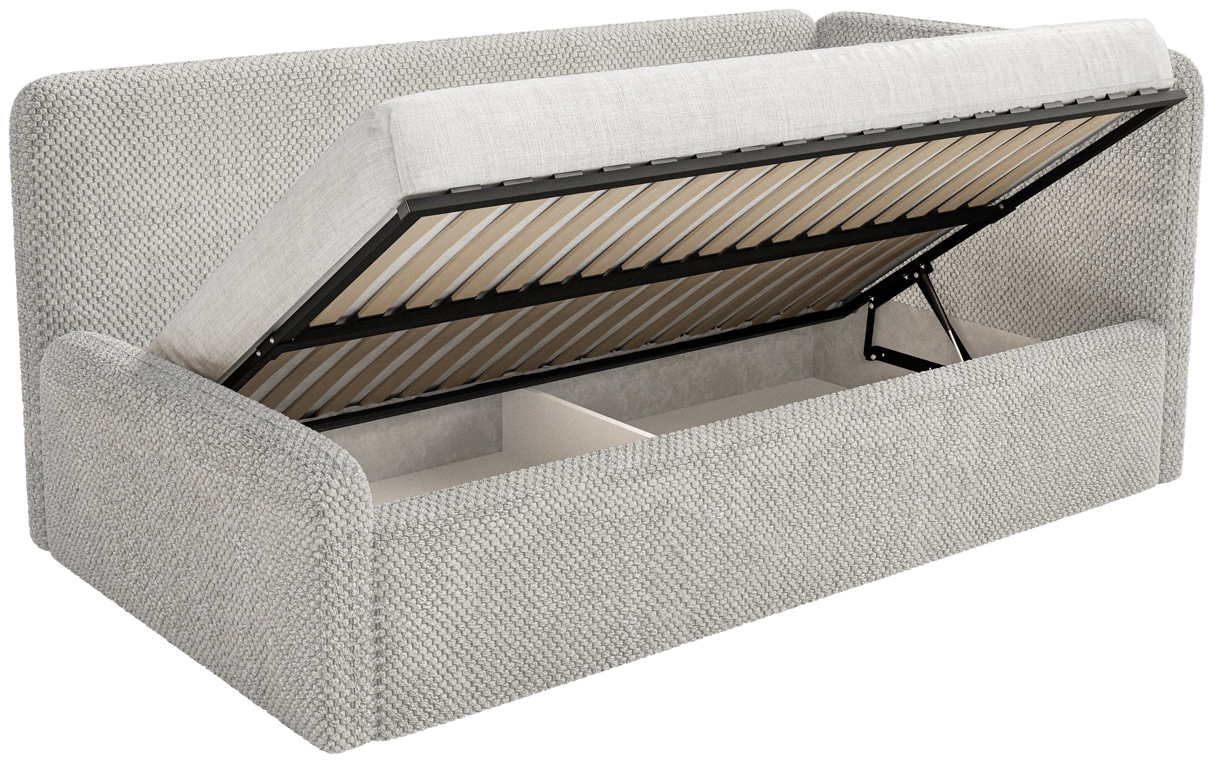 Jugendbett 120x200 cm Fanklo rechtsseitig mit Stauraum, grau-beiger hydrophober Plüsch