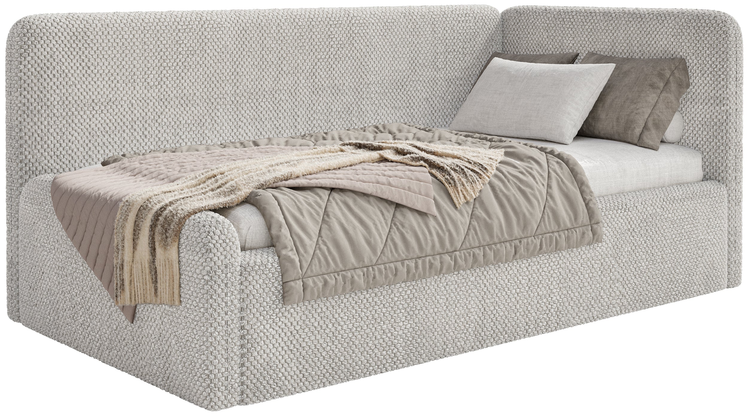 Jugendbett 120x200 cm Fanklo rechtsseitig mit Stauraum, grau-beiger hydrophober Plüsch