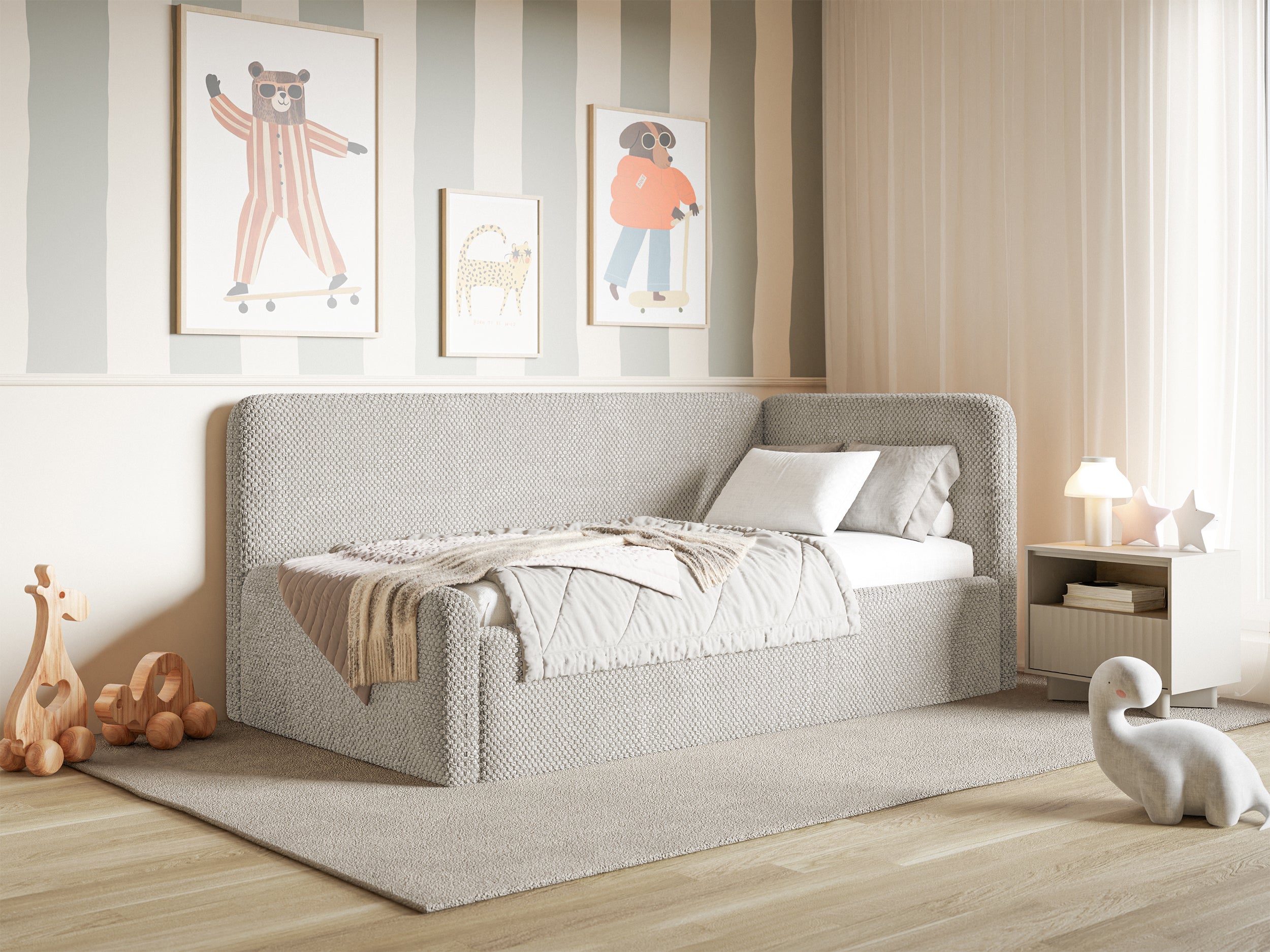 Jugendbett 120x200 cm Fanklo rechtsseitig mit Stauraum, grau-beiger hydrophober Plüsch
