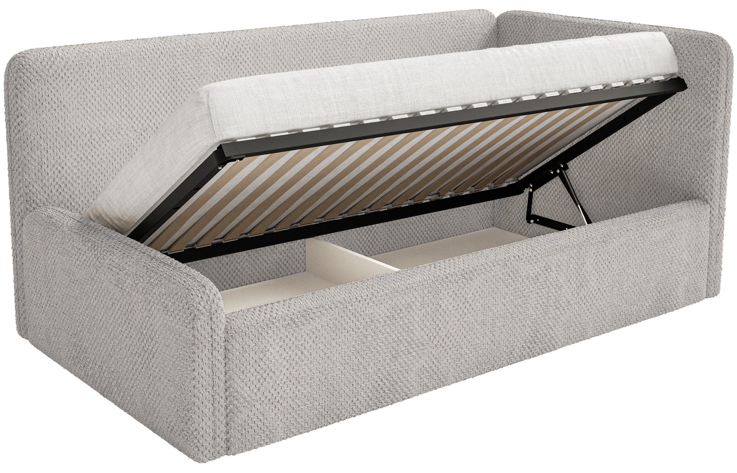 Jugendbett 90x200 cm Fanklo rechtsseitig mit Stauraum, grau-beiger hydrophober Plüsch
