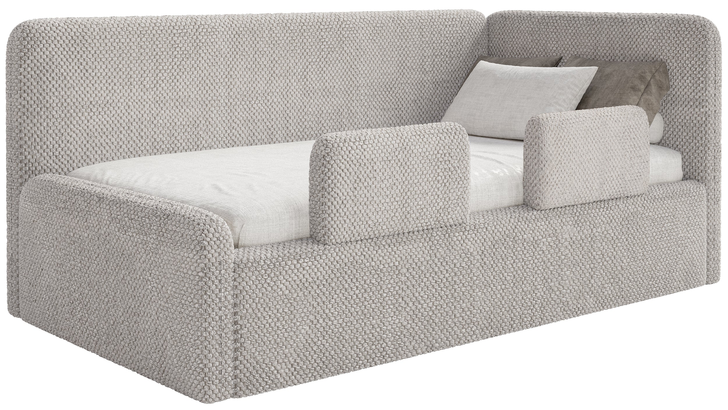 Jugendbett 90x200 cm Fanklo rechtsseitig mit Stauraum und Geländern, grau-beiger hydrophober Plüsch