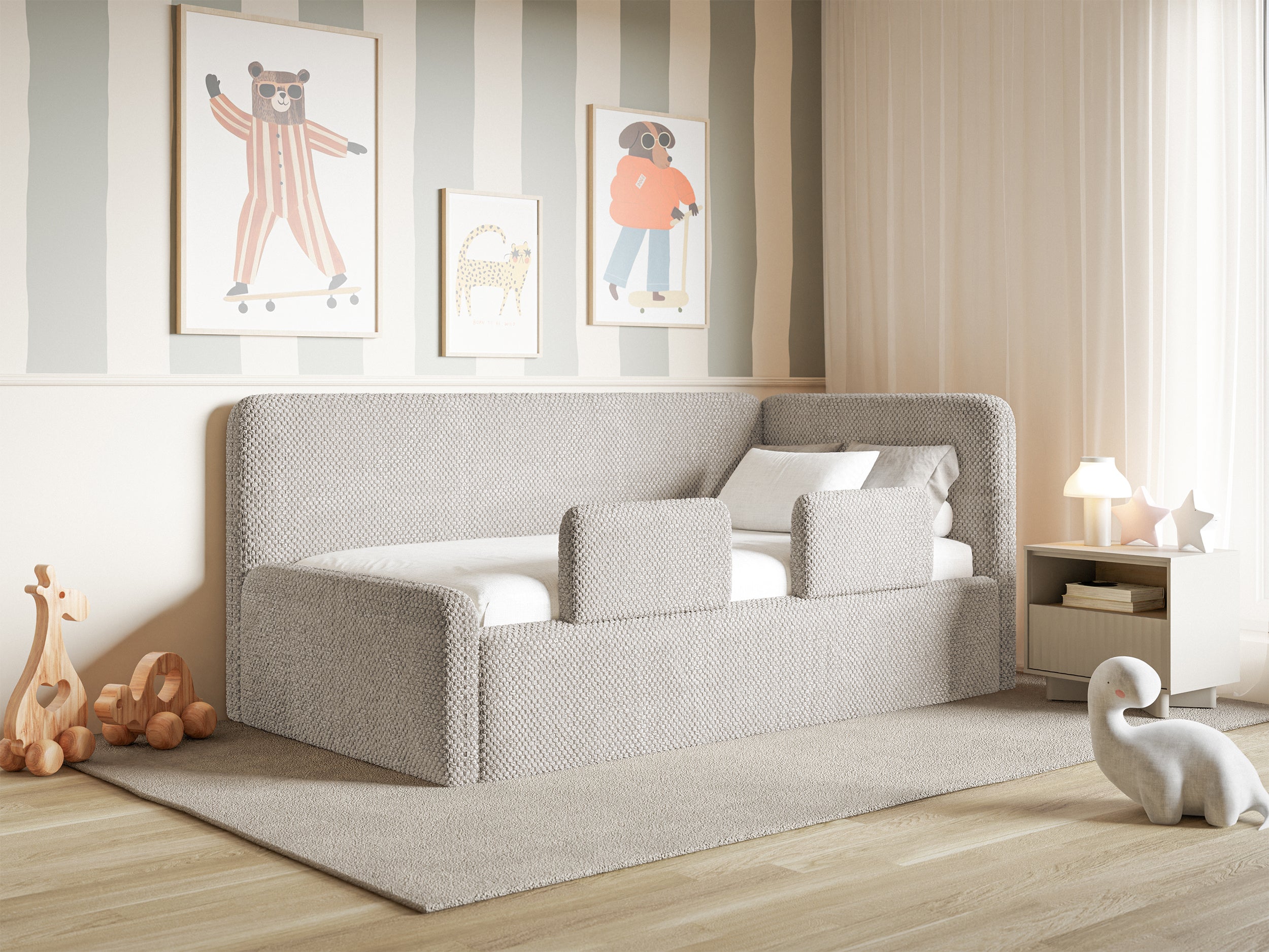 Jugendbett 120x200 cm Fanklo rechtsseitig mit Stauraum und Geländern, grau-beige Plüsch, wasserabweisend