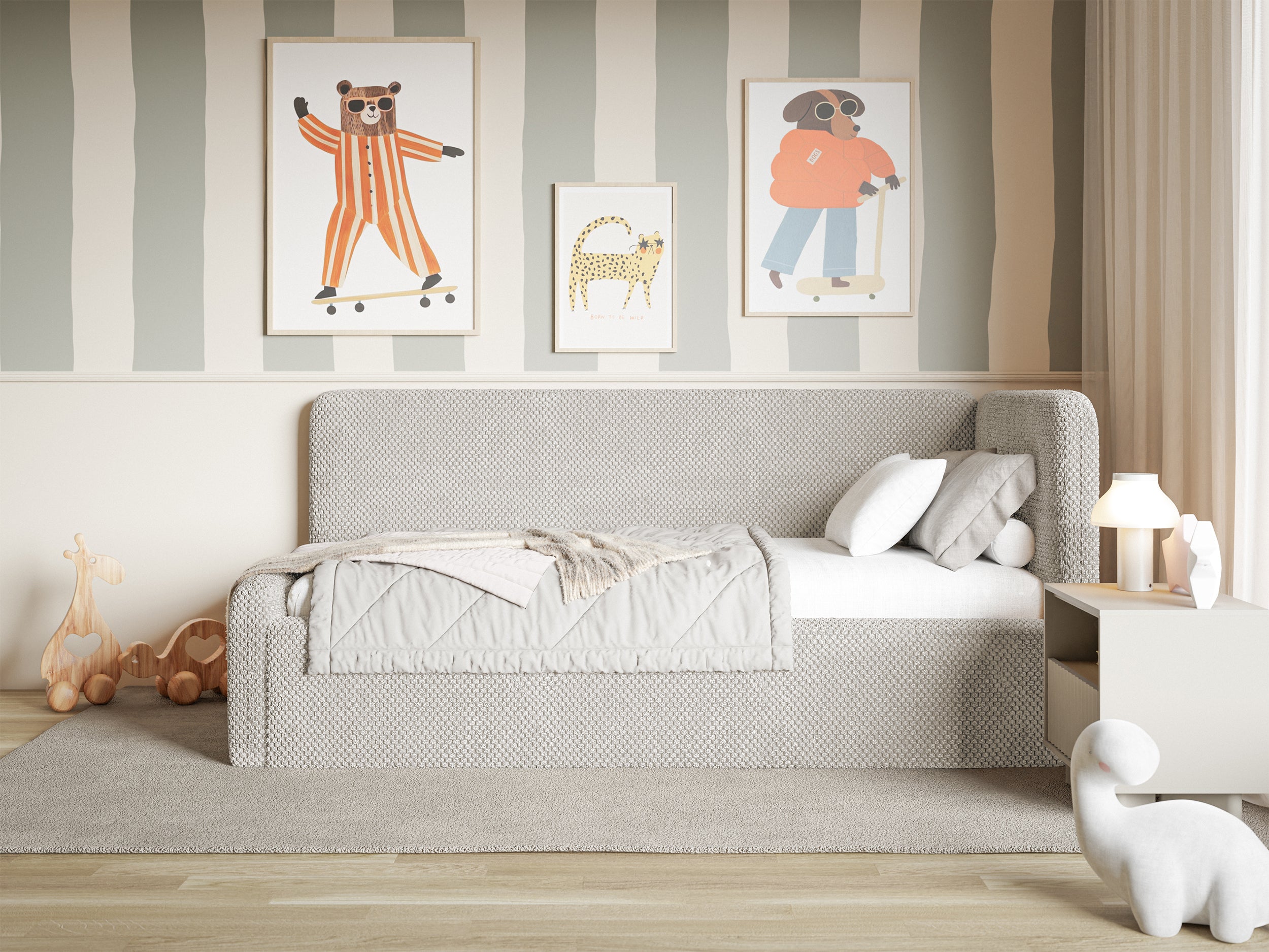 Jugendbett 120x200 cm Fanklo rechtsseitig mit Stauraum, grau-beiger hydrophober Plüsch