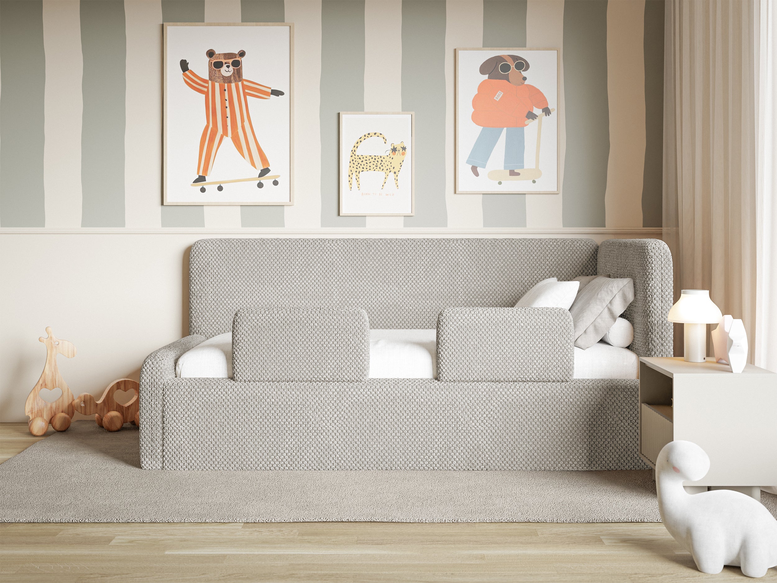 Jugendbett 90x200 cm Fanklo rechtsseitig mit Stauraum und Geländern, grau-beiger hydrophober Plüsch