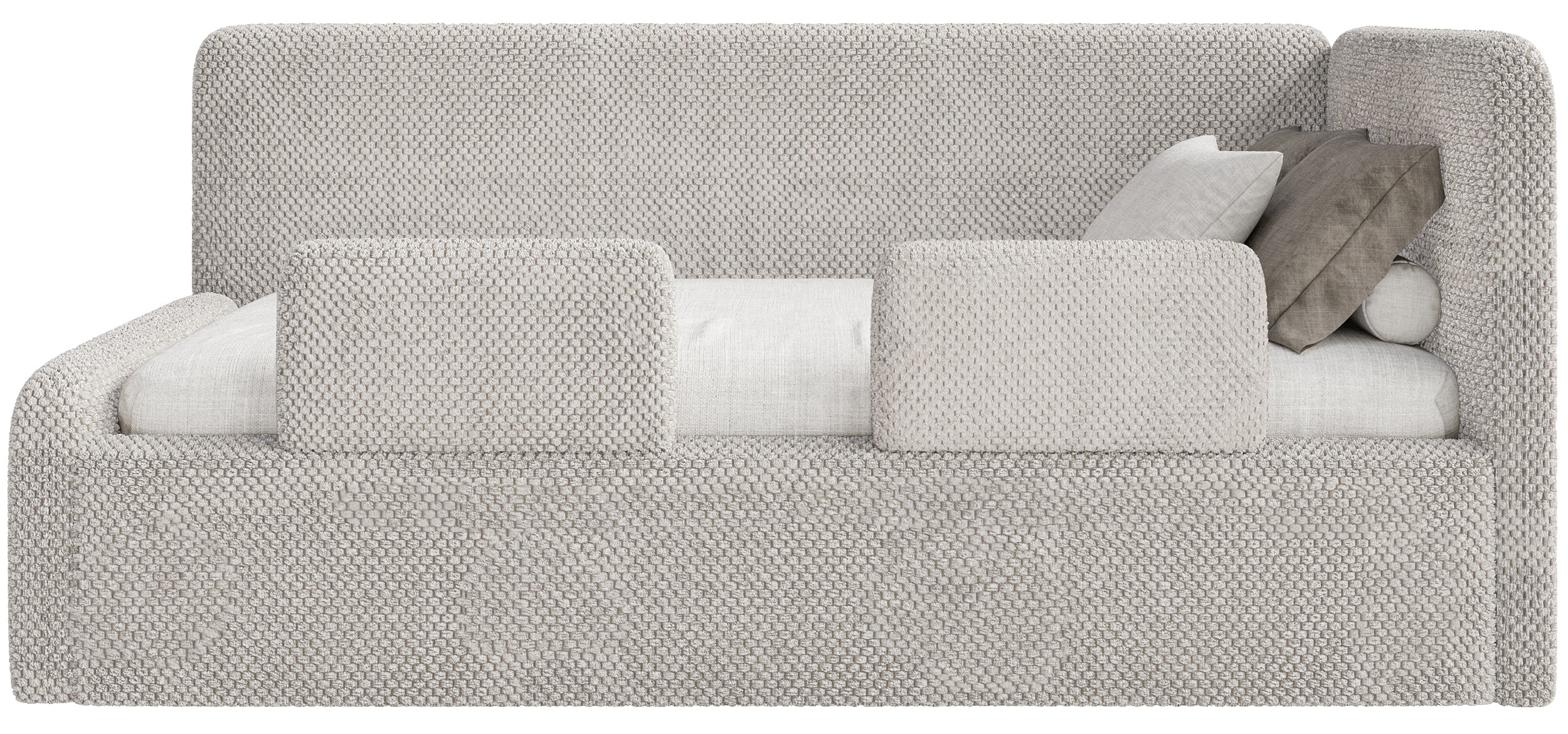 Jugendbett 120x200 cm Fanklo rechtsseitig mit Stauraum und Geländern, grau-beige Plüsch, wasserabweisend