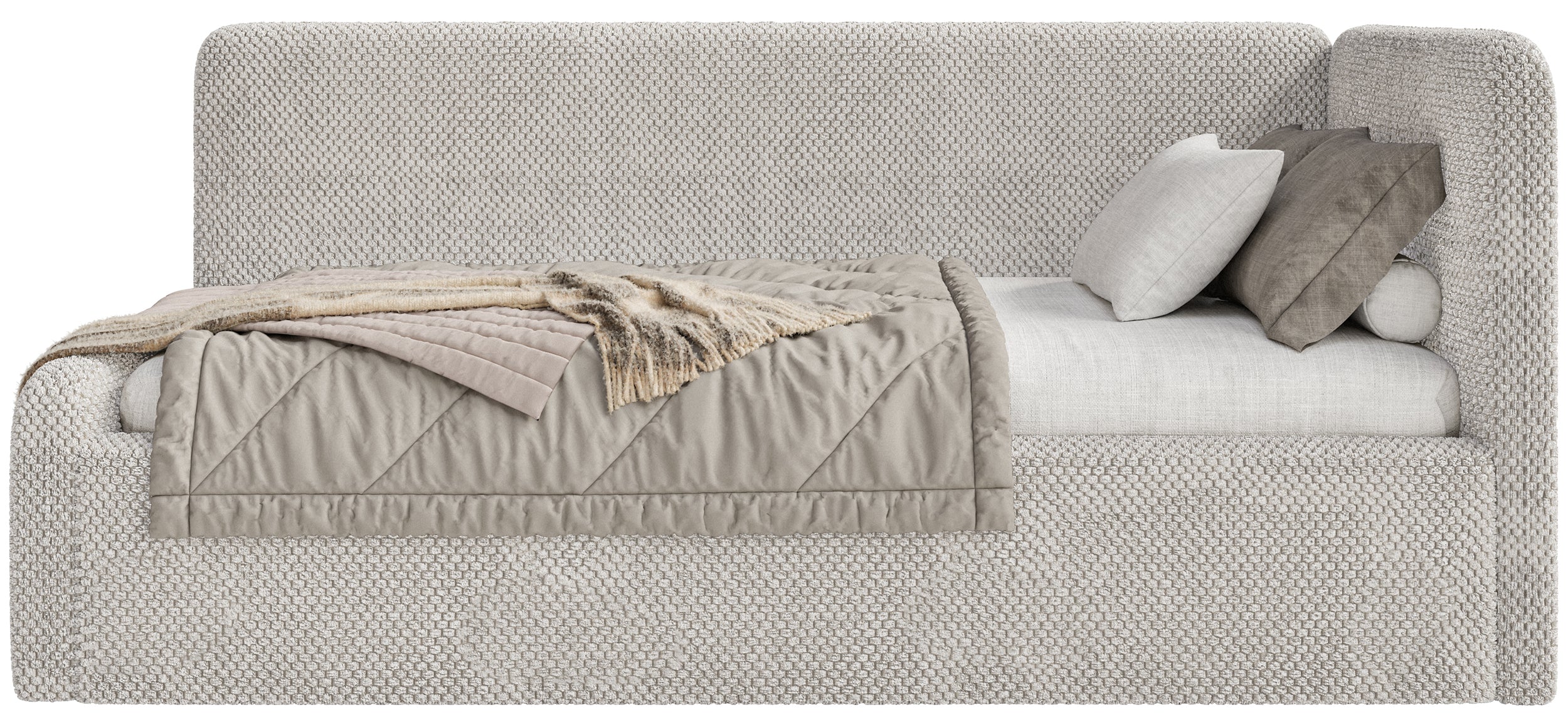 Jugendbett 120x200 cm Fanklo rechtsseitig mit Stauraum, grau-beiger hydrophober Plüsch