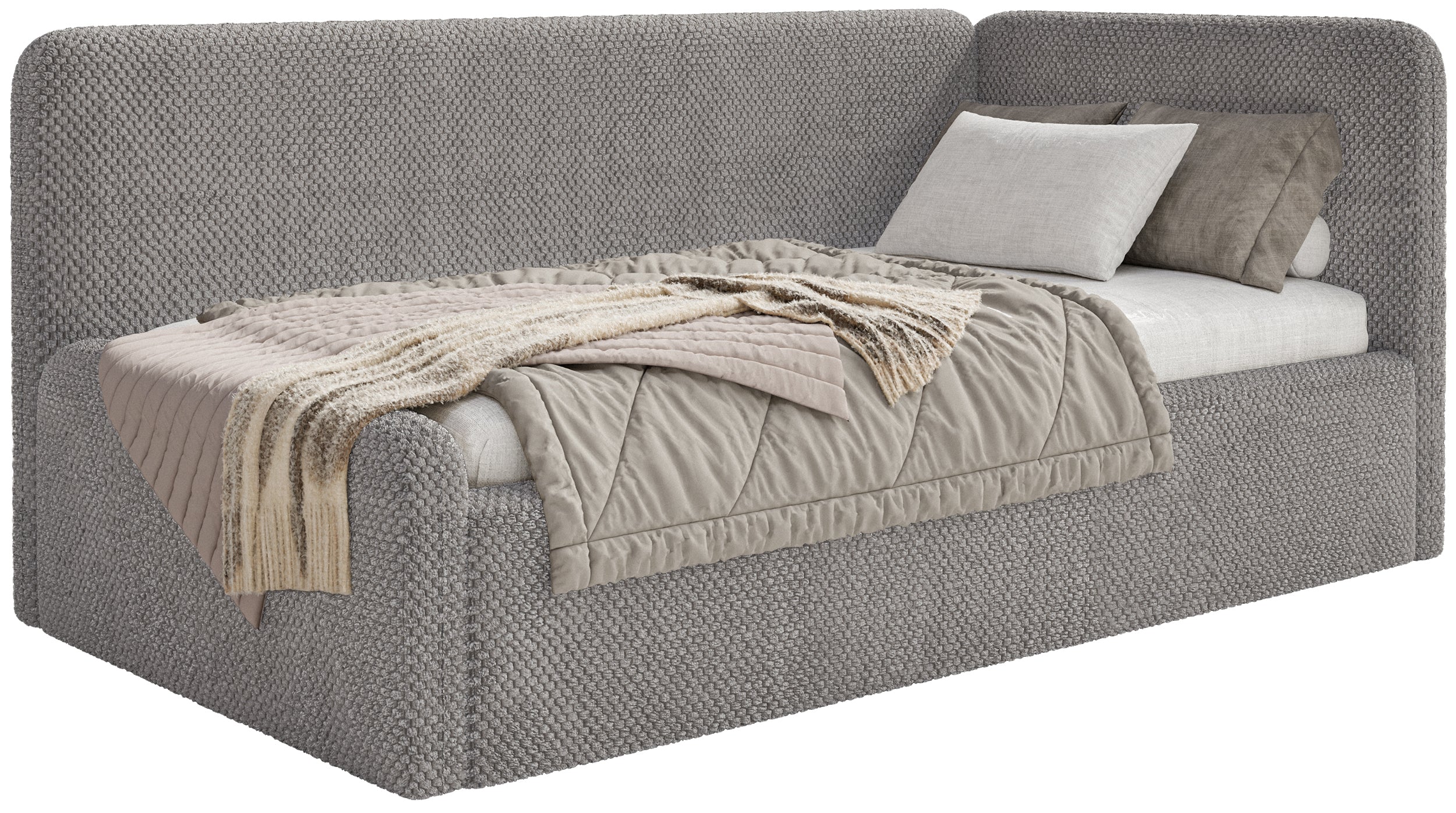 Jugendbett 120x200 cm Fanklo rechtsseitig mit Stauraum, grau-brauner Plüsch, wasserabweisend