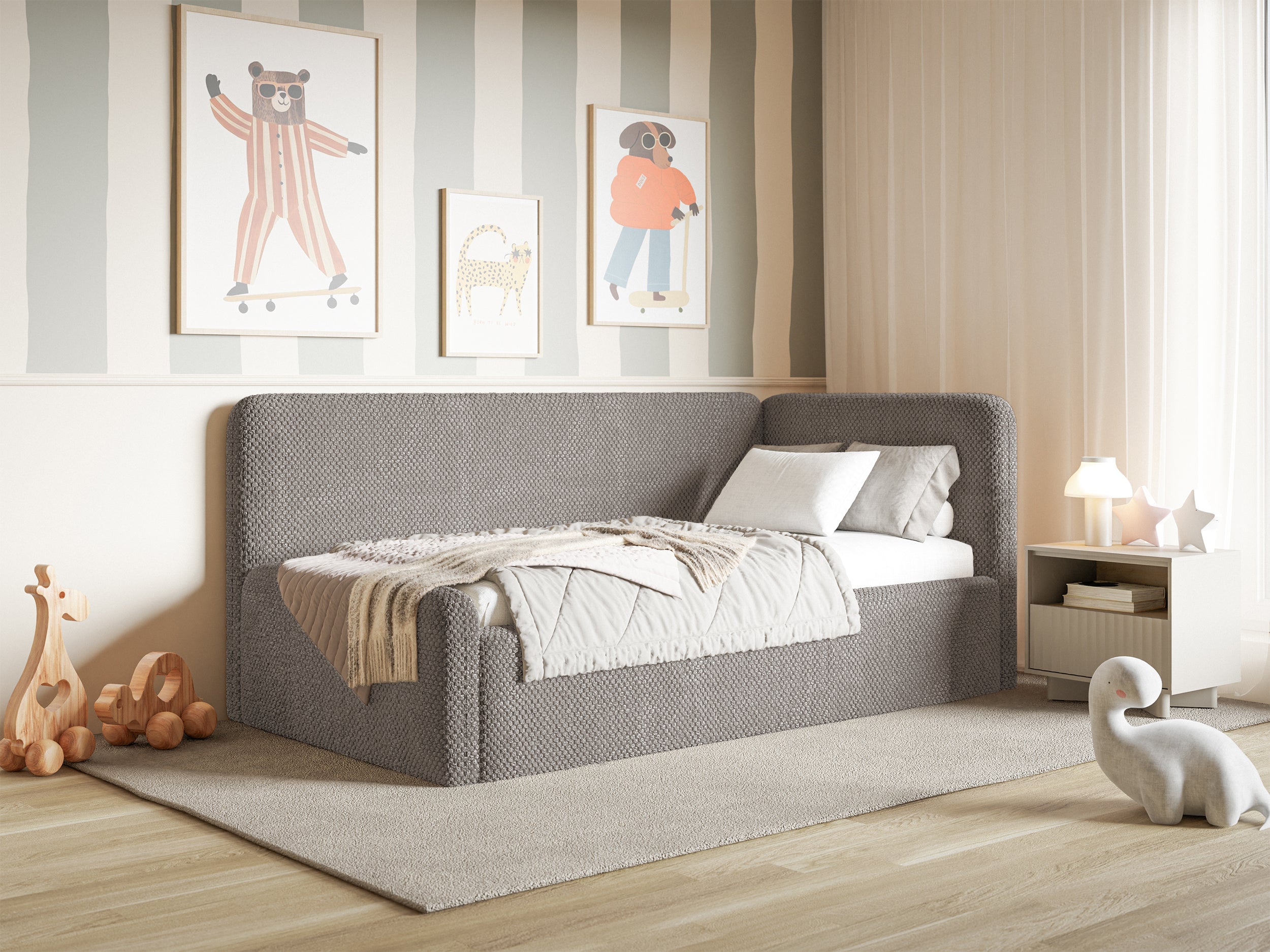 Jugendbett 120x200 cm Fanklo rechtsseitig mit Stauraum, grau-brauner Plüsch, wasserabweisend