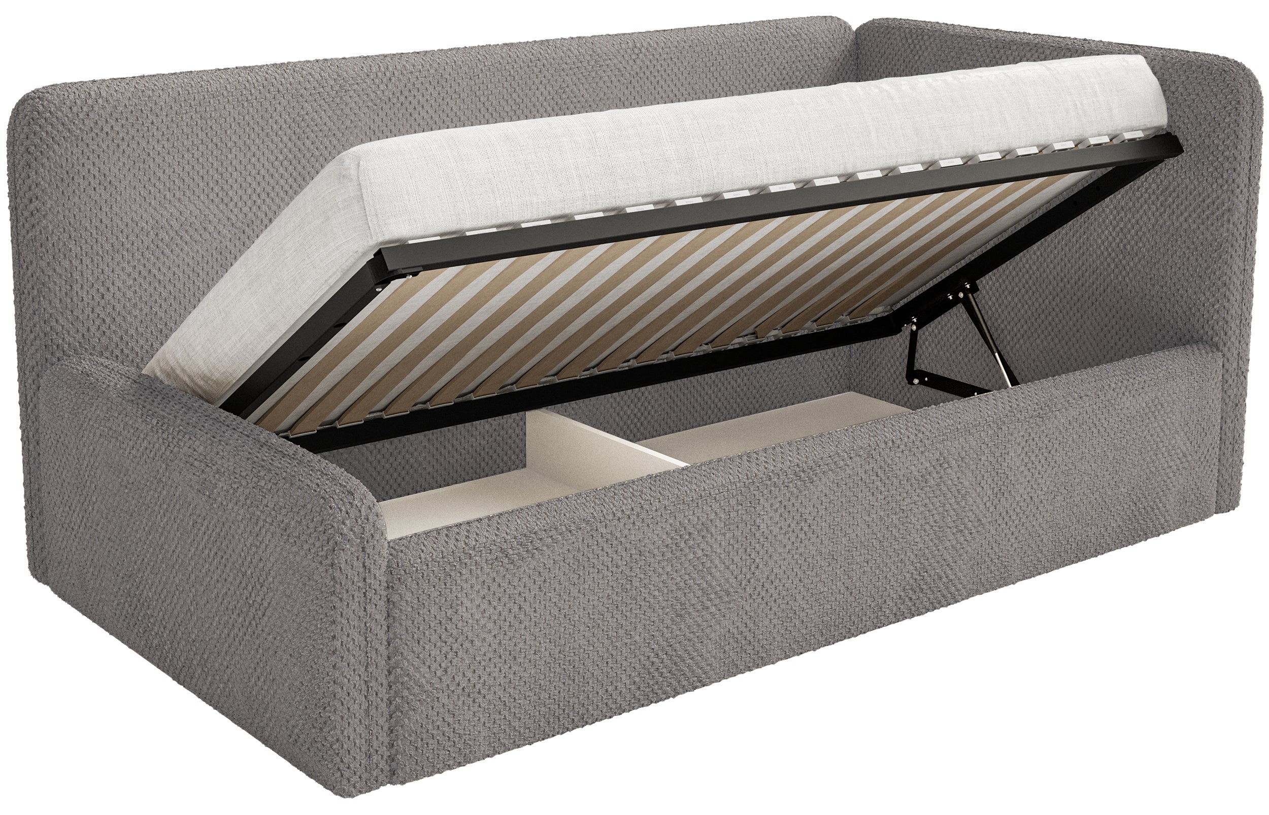 Jugendbett 90x200 cm Fanklo rechtsseitig mit Stauraum, grau-brauner Plüsch, wasserabweisend