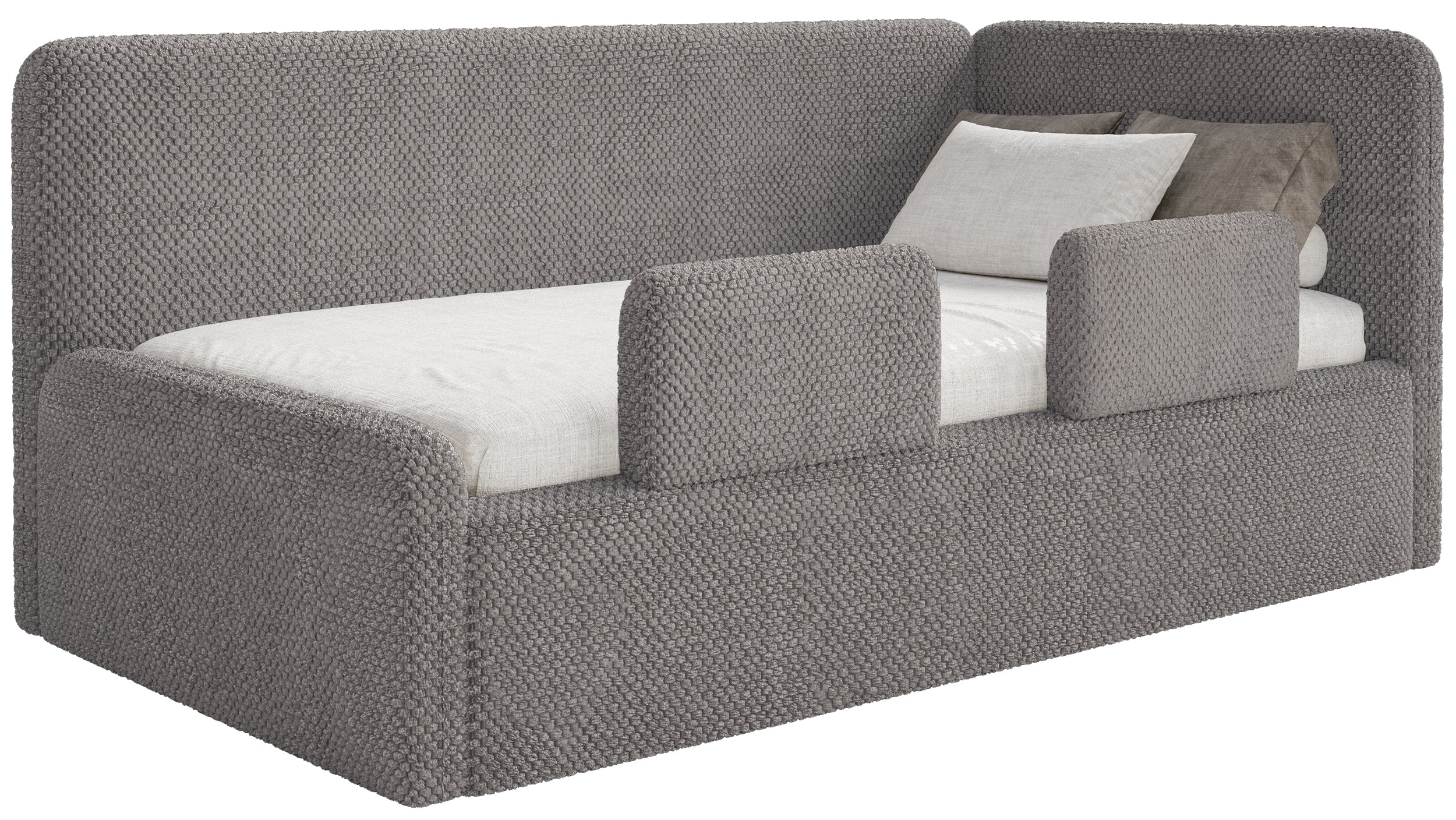 Jugendbett 120x200 cm Fanklo rechtsseitig mit Stauraum und Schutzgittern, grau-brauner Plüsch, wasserabweisend