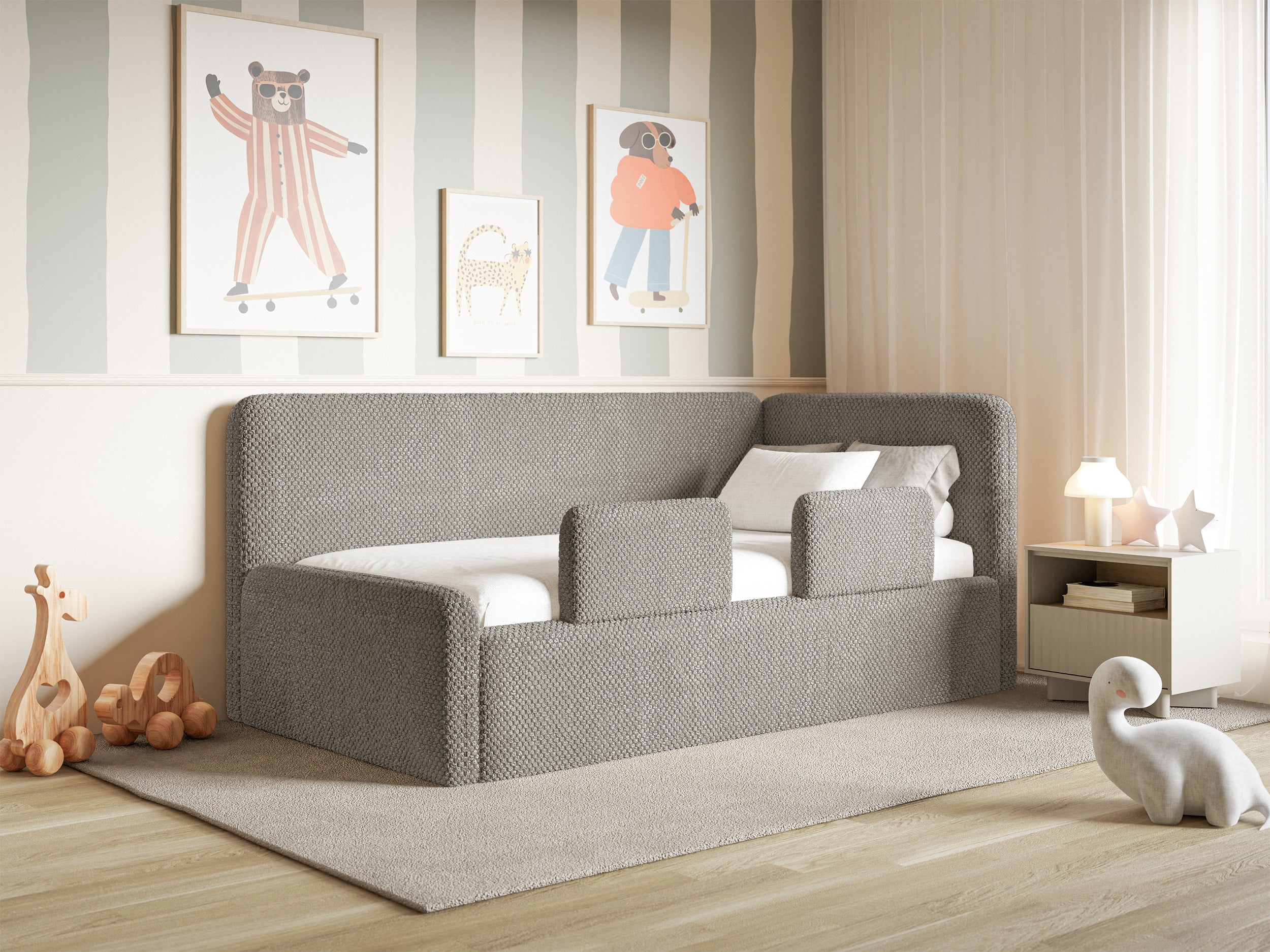 Jugendbett 120x200 cm Fanklo rechtsseitig mit Stauraum und Schutzgittern, grau-brauner Plüsch, wasserabweisend