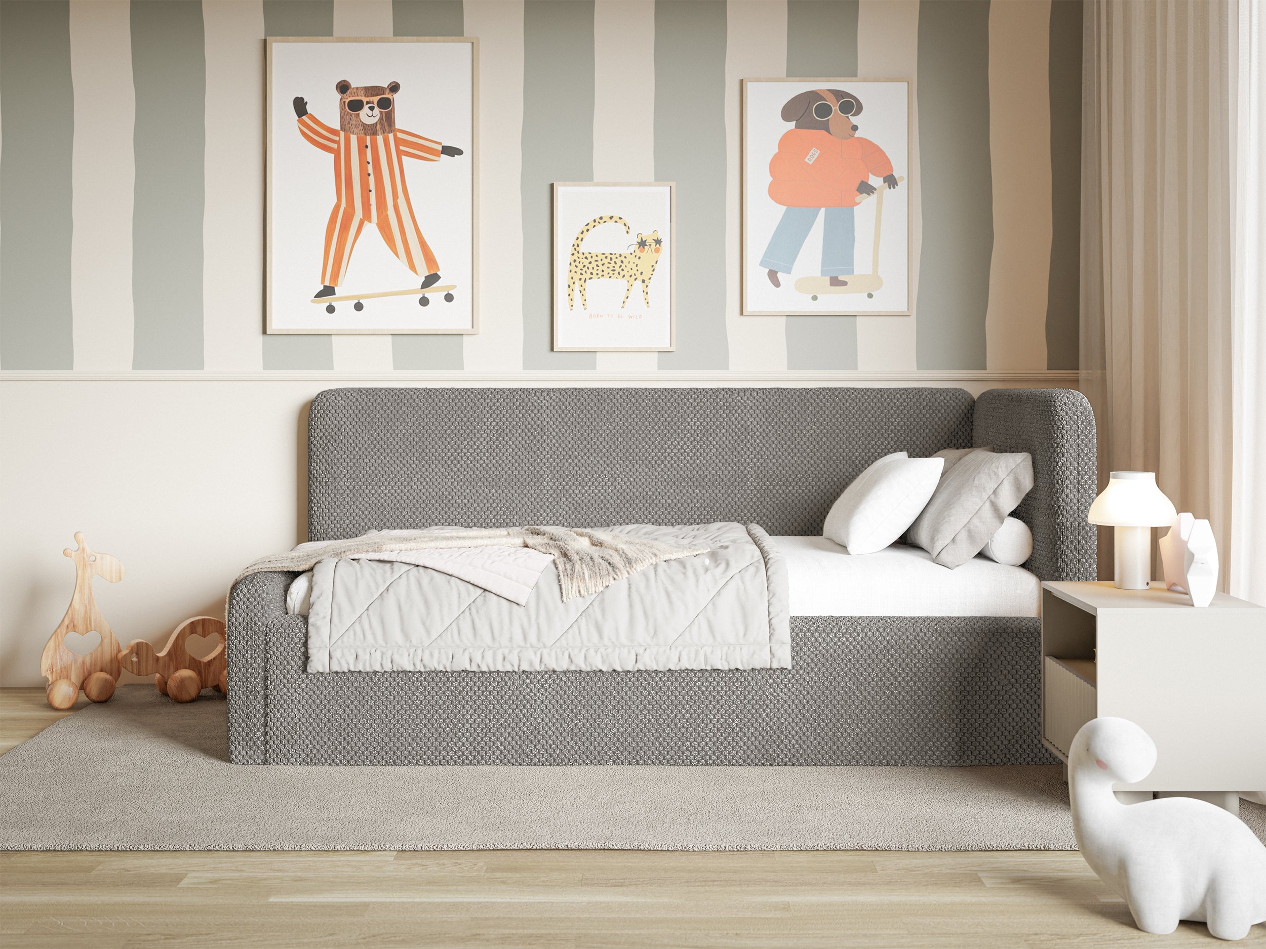 Jugendbett 120x200 cm Fanklo rechtsseitig mit Stauraum, grau-brauner Plüsch, wasserabweisend