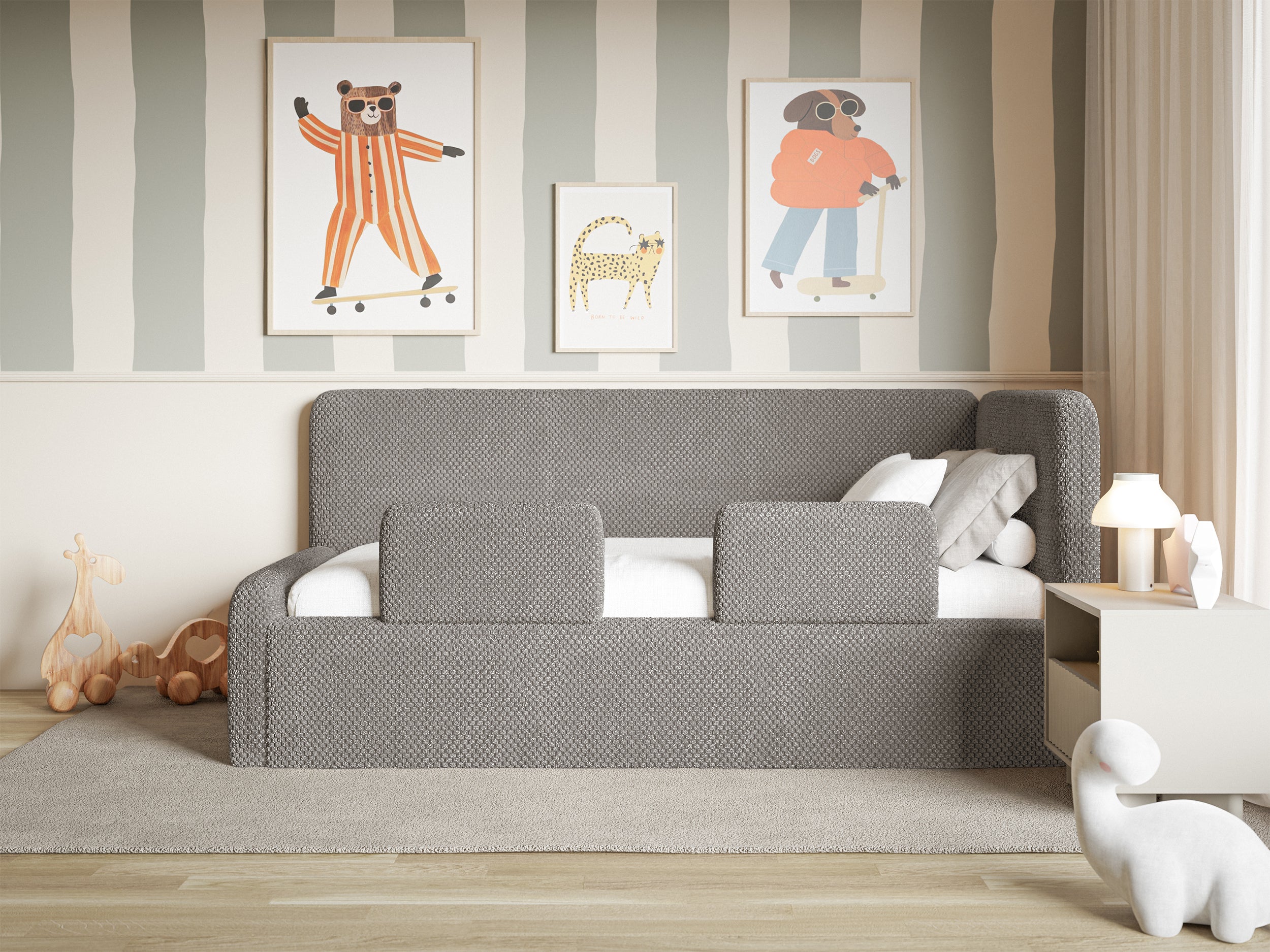 Jugendbett 120x200 cm Fanklo rechtsseitig mit Stauraum und Schutzgittern, grau-brauner Plüsch, wasserabweisend