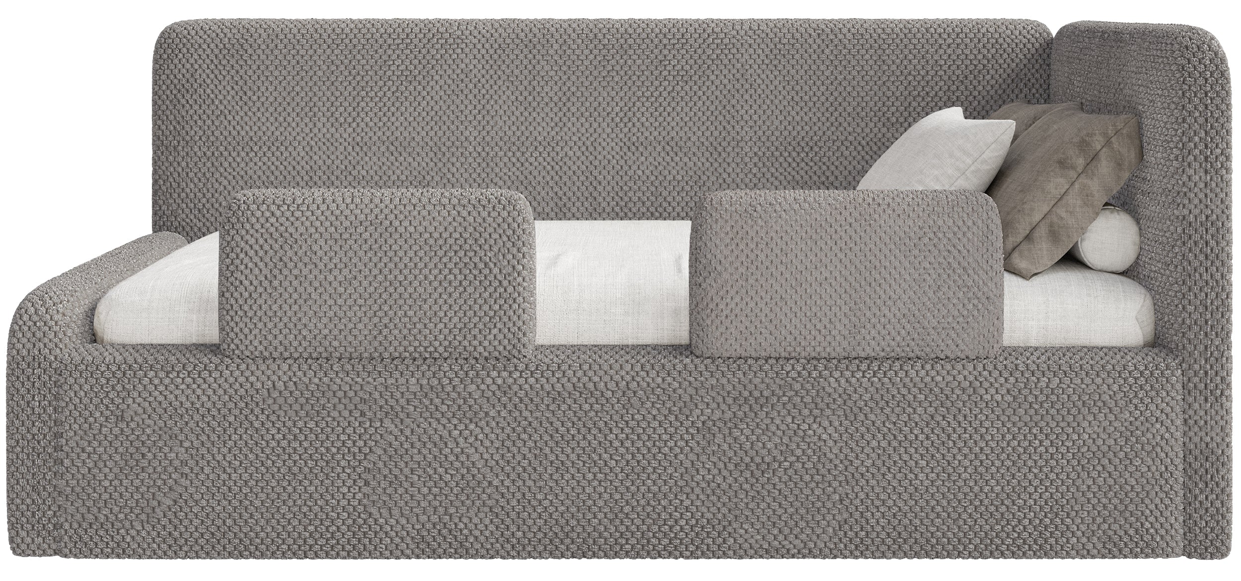 Jugendbett 90x200 cm Fanklo rechtsseitig mit Stauraum und Geländern, grau-brauner, hydrophober Plüsch